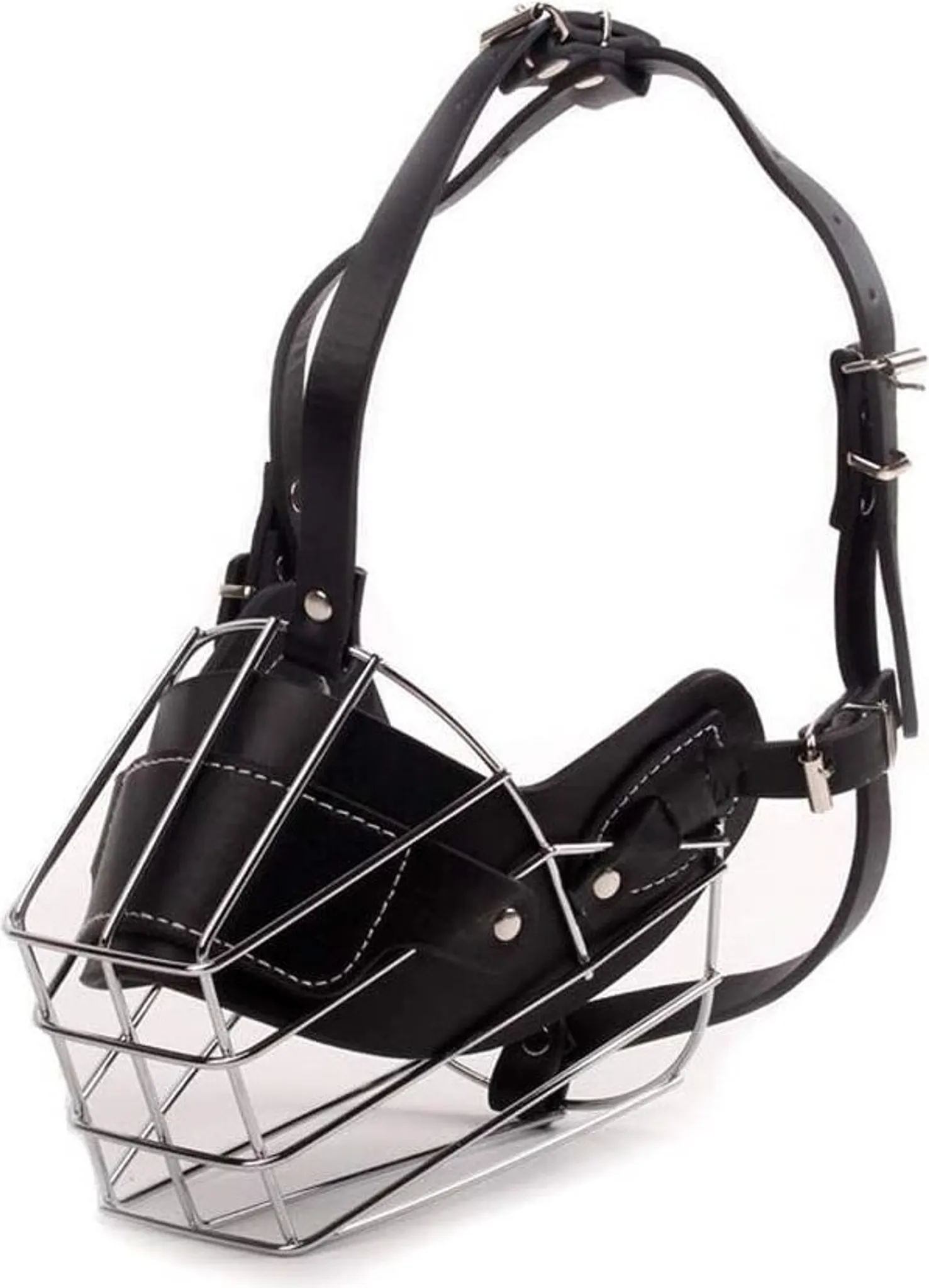 Eine Hundeschnauze aus schwarzem Leder und Metall. Sie hat einen Metallkäfig vorne und Lederriemen zur Befestigung.