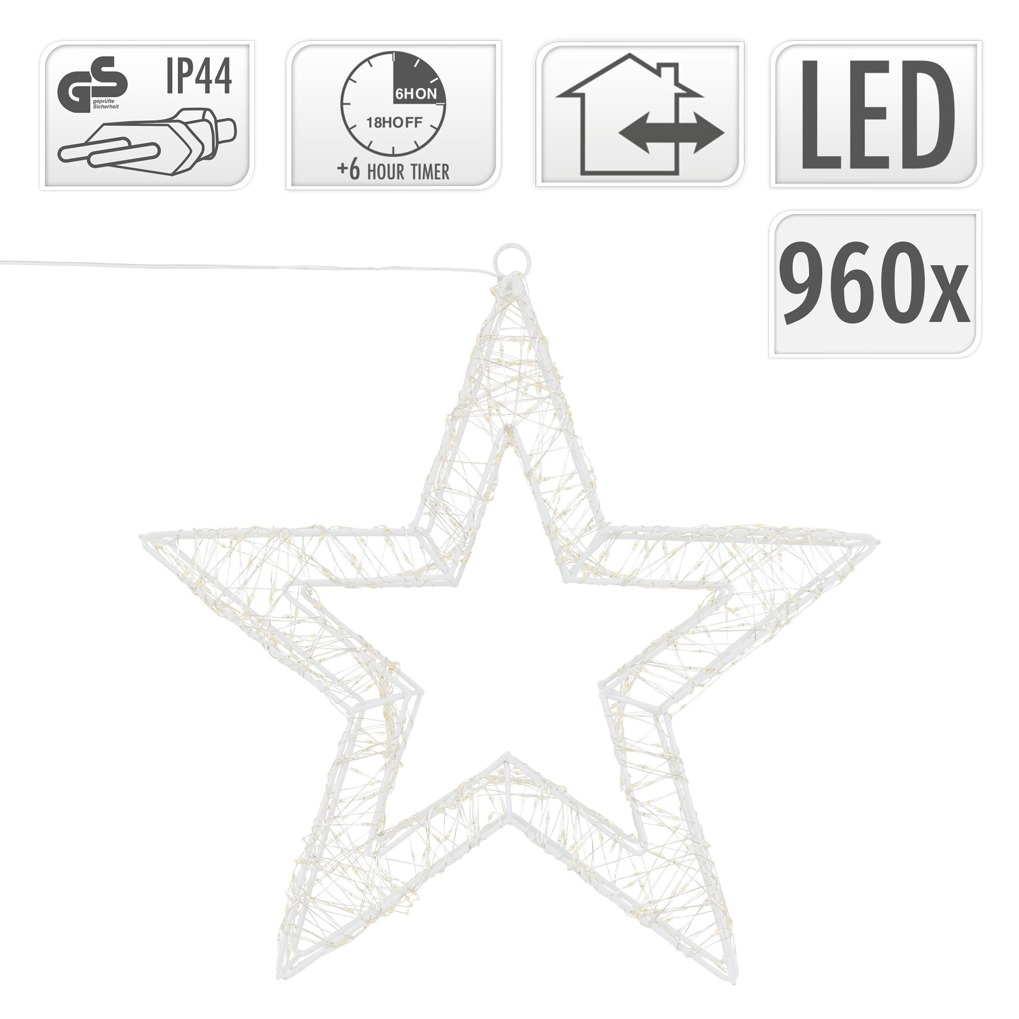 Eine weiße sternförmige LED-Lichtdekoration mit 960x Lichtern, plus Icons und Text auf weißem Hintergrund.