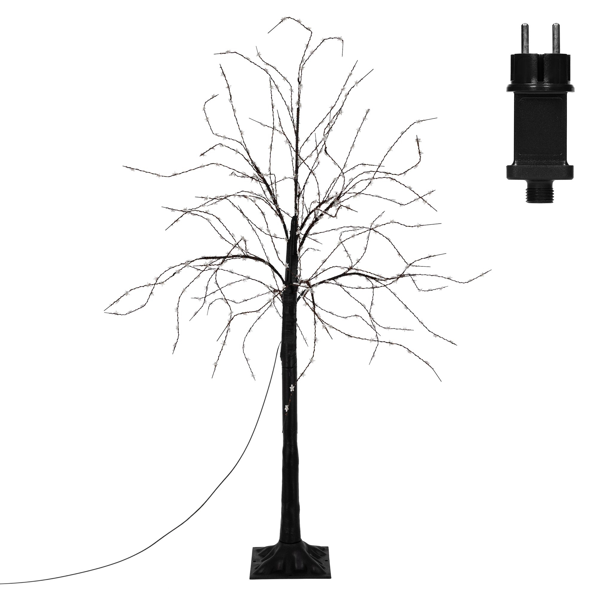 Ein dekorativer Baum mit schwarzem Stamm und Ästen, verziert mit kleinen Lichtern. Rechts befindet sich ein Stecker.