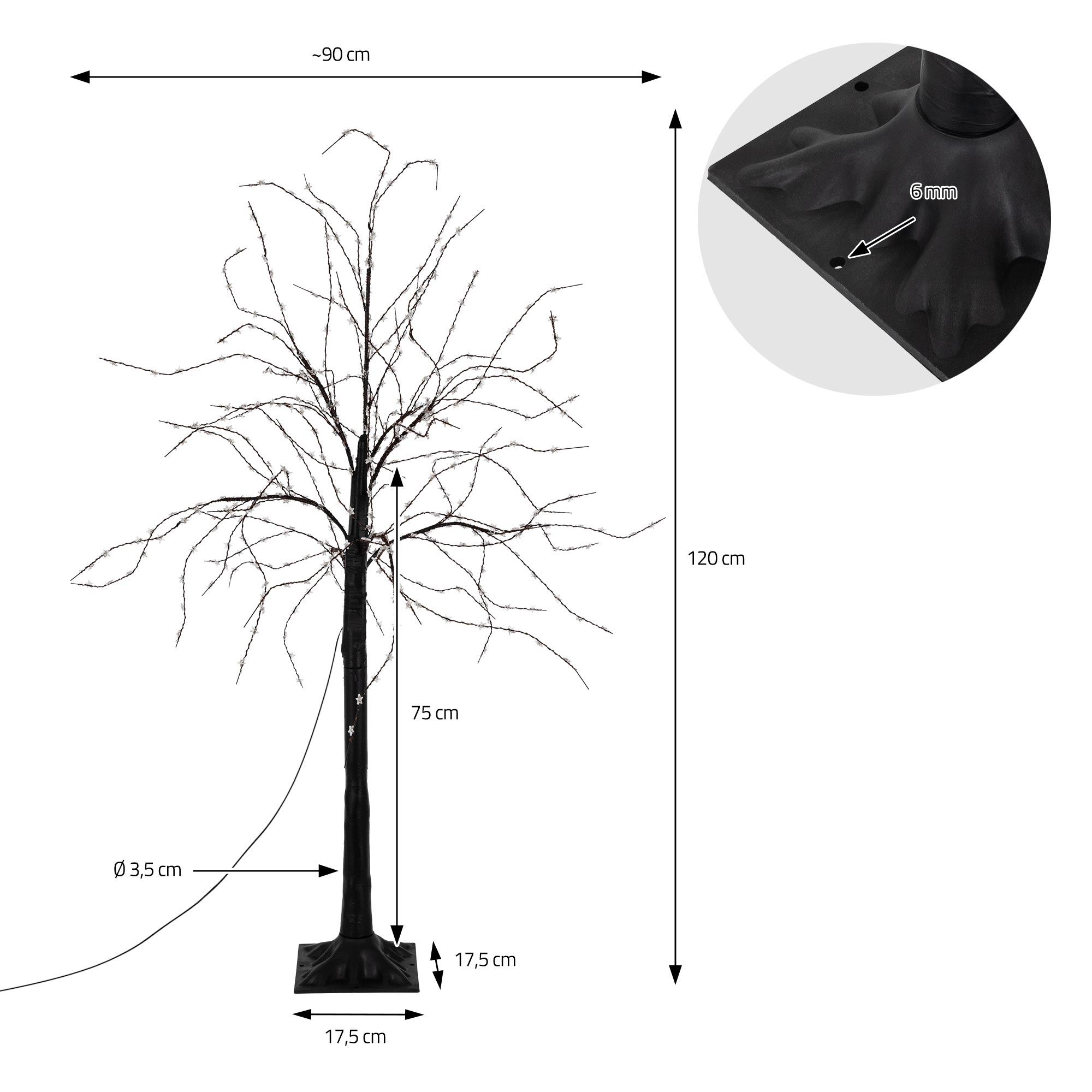 Ein dekorativer schwarzer Baum mit hellen Lichtern. Abmessungen sind mit Pfeilen angegeben, einschließlich Höhen- und Breitenmessungen.