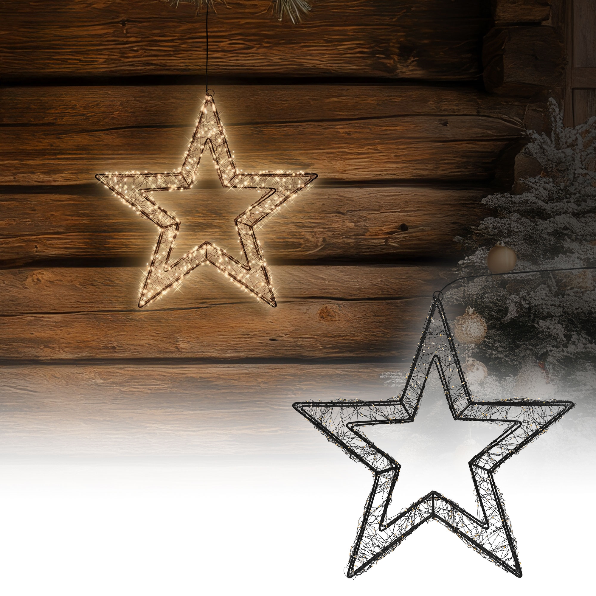 Zwei sternförmige Weihnachtslichter. Eines leuchtet und hängt, das andere ist unbeleuchtet auf Weiß. Holziger Hintergrund mit verschneitem Baum.