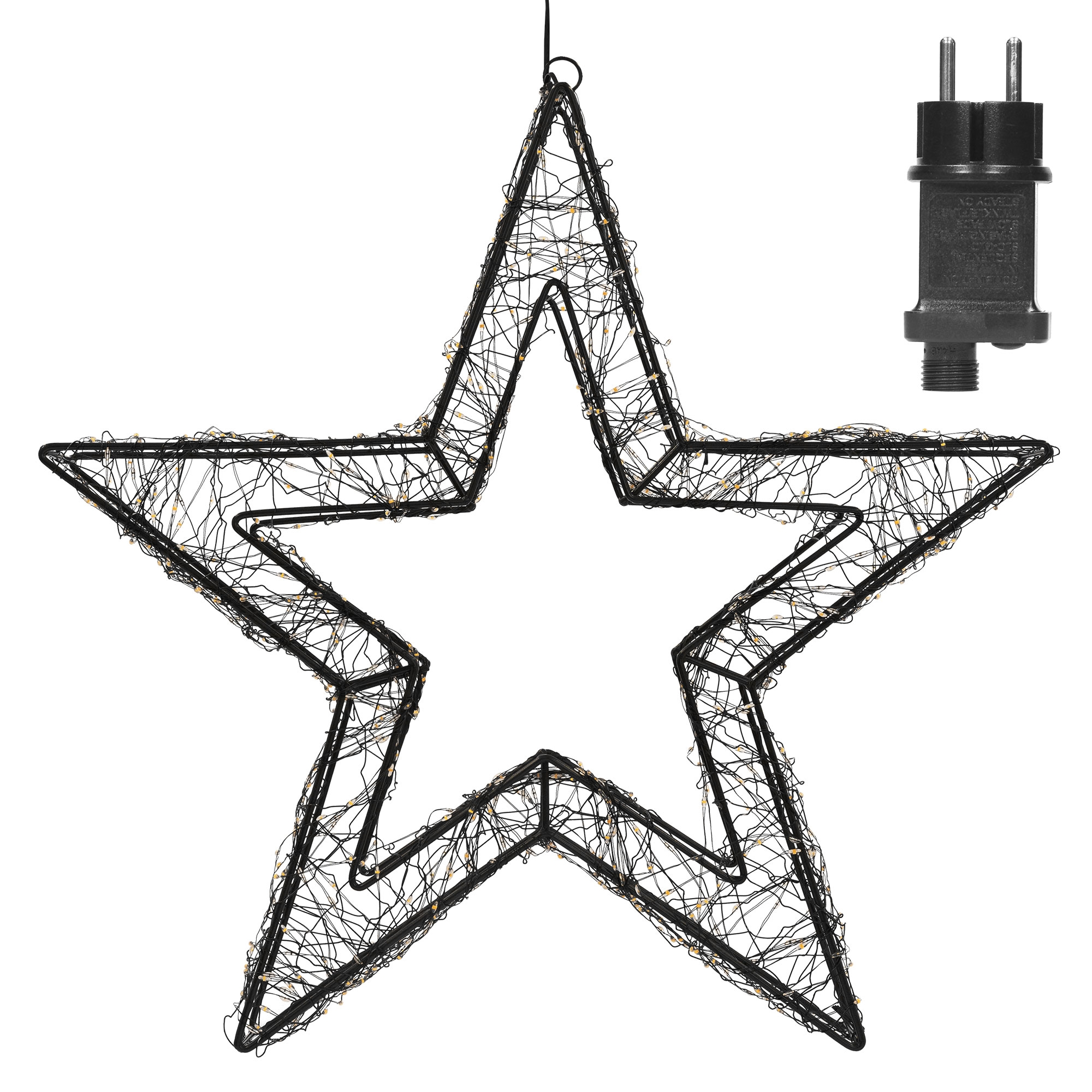 Eine sternförmige Dekoration mit Lichtern. Es hat einen schwarzen Drahtrahmen und einen Stecker oben rechts.