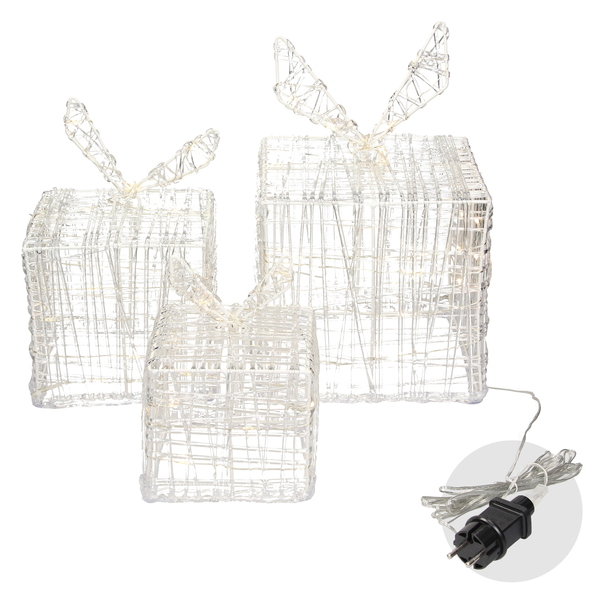Drei beleuchtete Drahtrahmen-Geschenkbox-Dekorationen. Sie sind in verschiedenen Größen erhältlich und haben ein Netzkabel und einen Stecker.