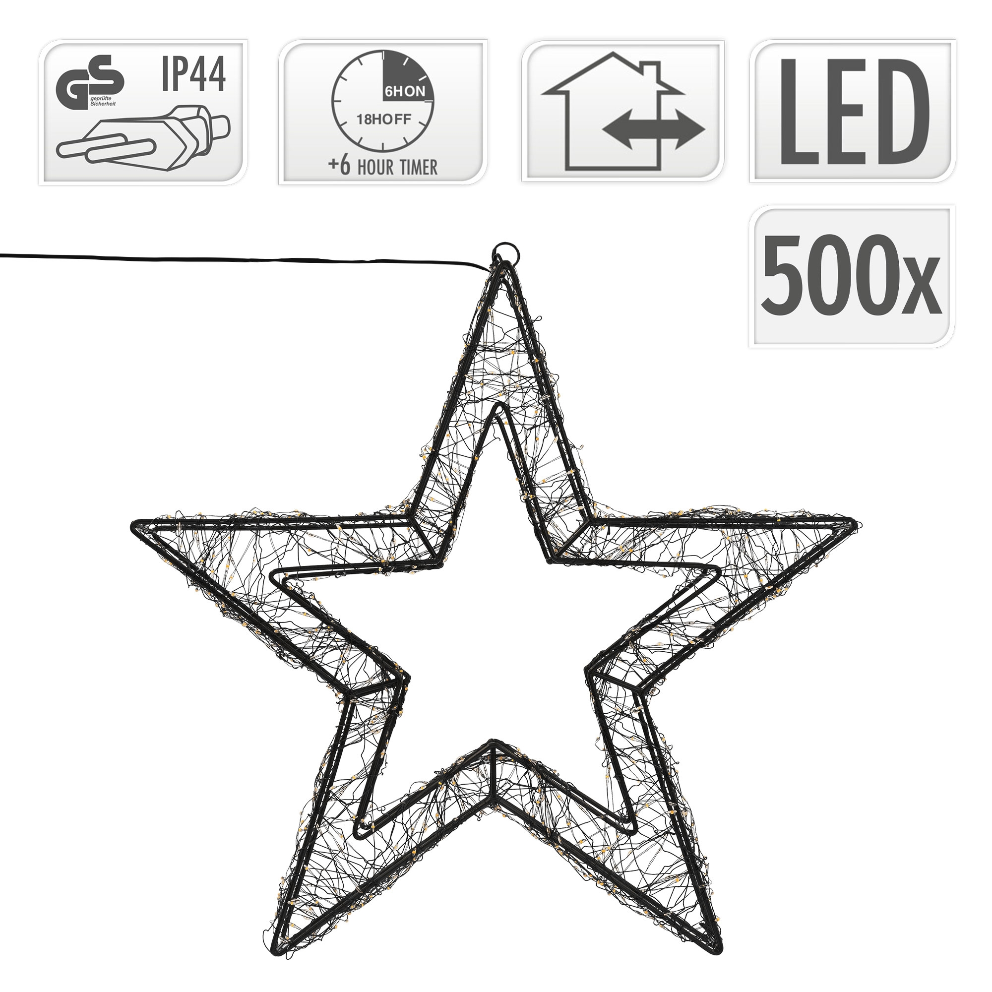 Schwarzes sternförmiges LED-Licht mit kleinen Lichtern und weißem Hintergrund. Oben befinden sich mehrere Symbole.