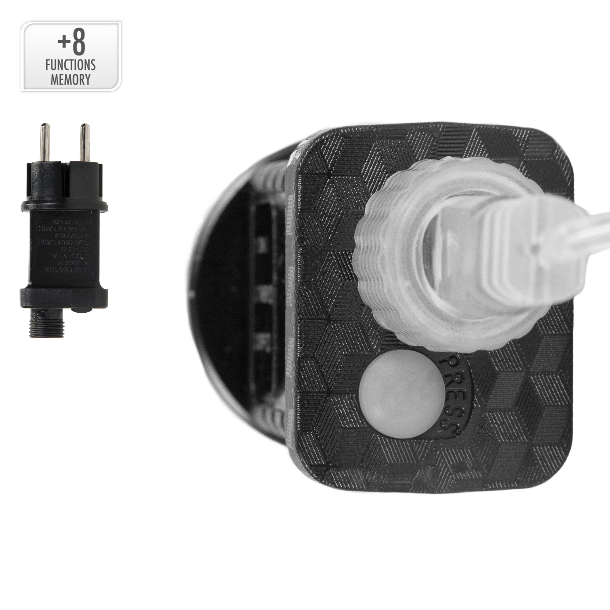 Schwarzer Netzadapter mit Stecker, Knopf und klarer Kunststoffabdeckung. Der Text "PRESS" ist sichtbar. Der Hintergrund ist weiß.