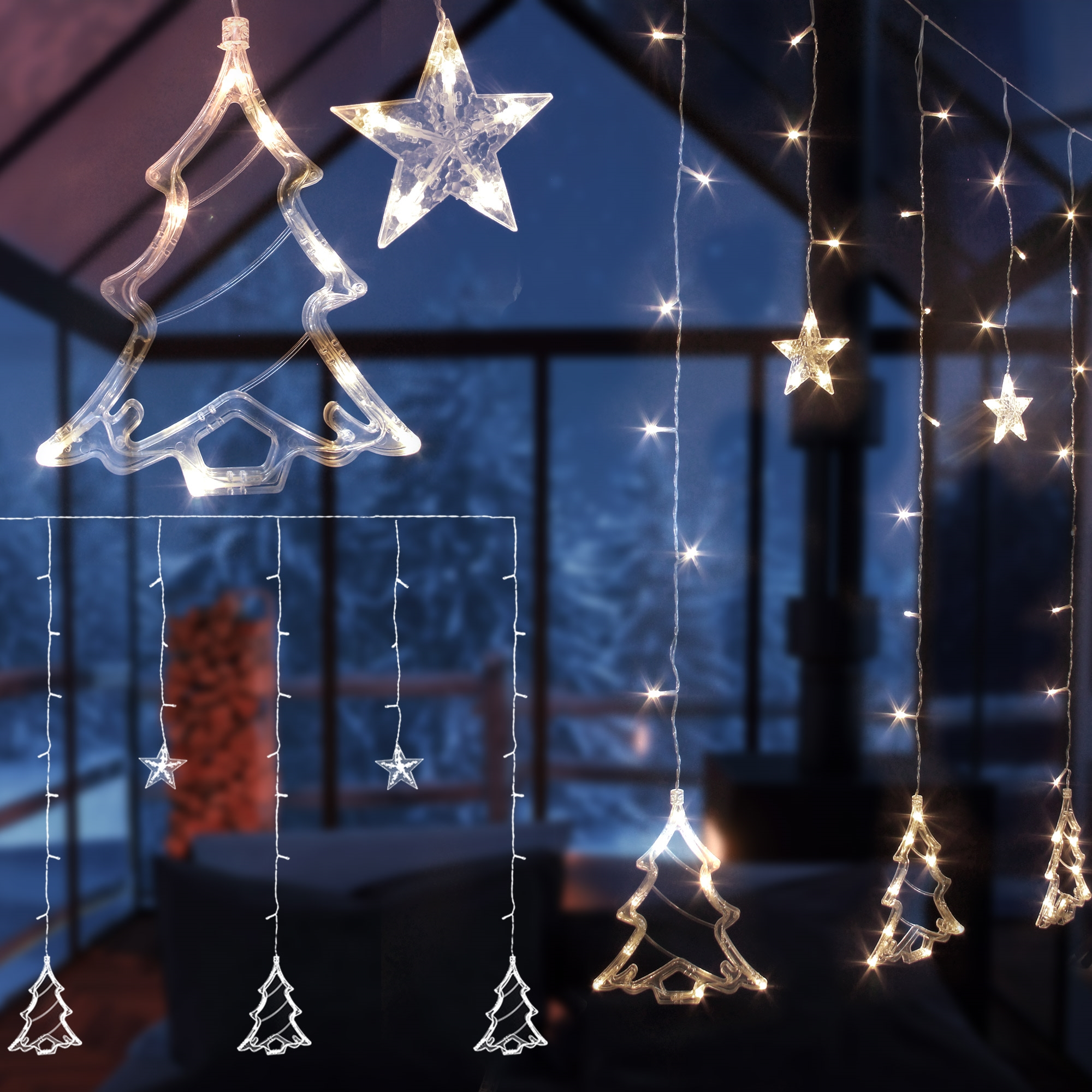 Weihnachtsbeleuchtung in Baum- und Sternform, die vor einem Fenster hängt, mit einer Winterszene im Hintergrund.