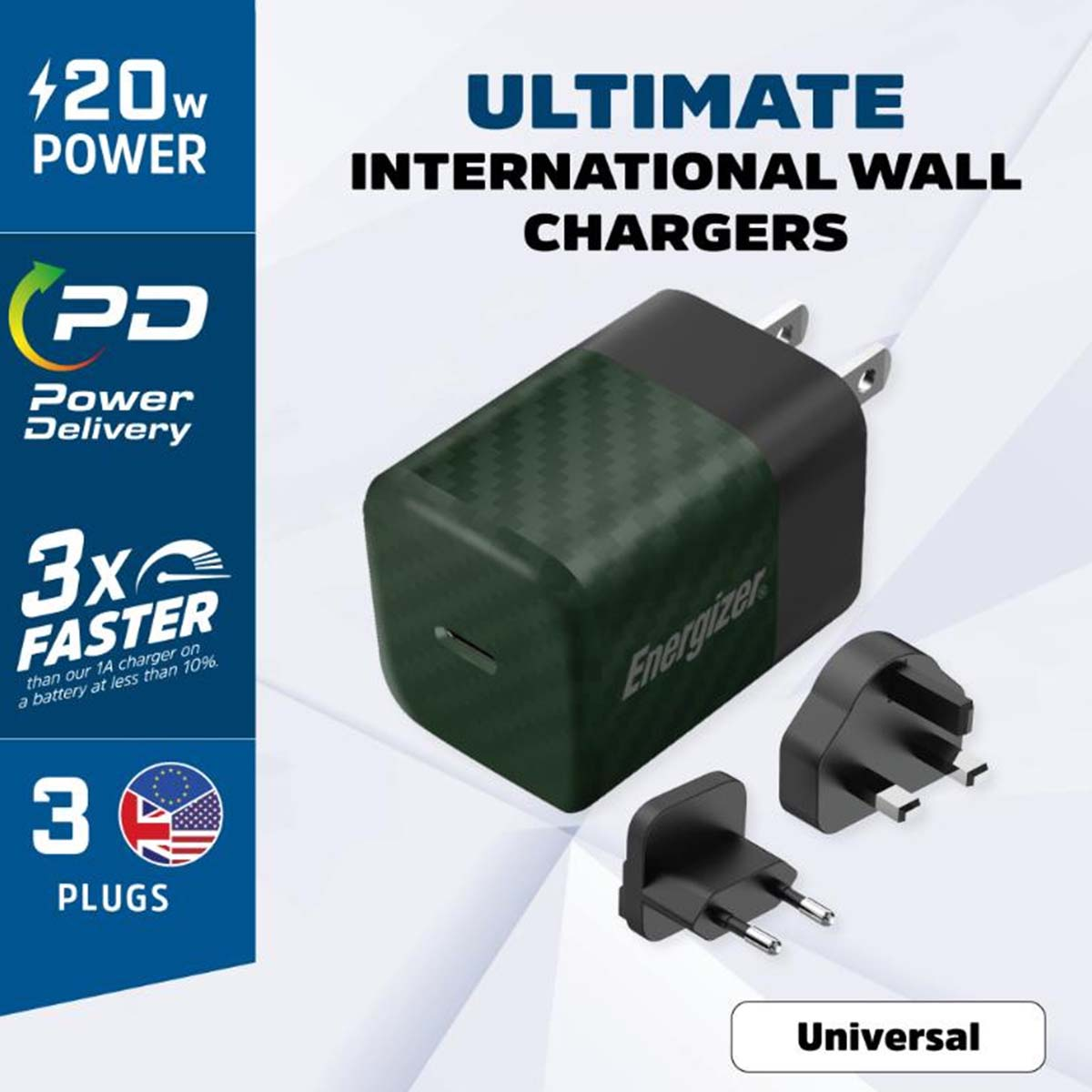 Un caricatore da parete Energizer con tre adattatori per spina. Il testo include '420W Power', 'Power Delivery' e '3x Faster' rispetto ad altri caricabatterie.