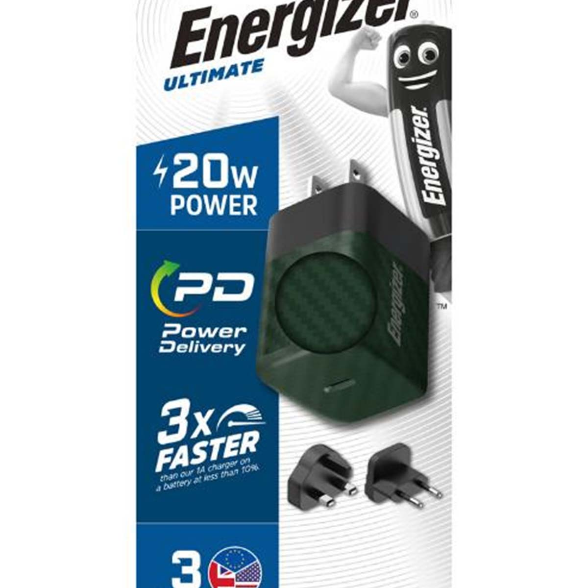 Caricabatterie Energizer con 420W, Power Delivery e ricarica 3 volte più veloce. Con spina e batteria Energizer.