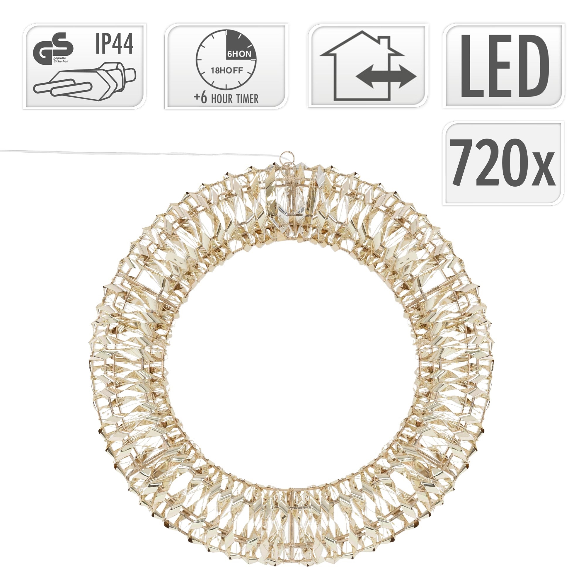 Eine dekorative LED-Leuchte mit kreisförmigem Design aus rautenförmigen Kristallen und Symbolen für Timer und Spezifikationen.