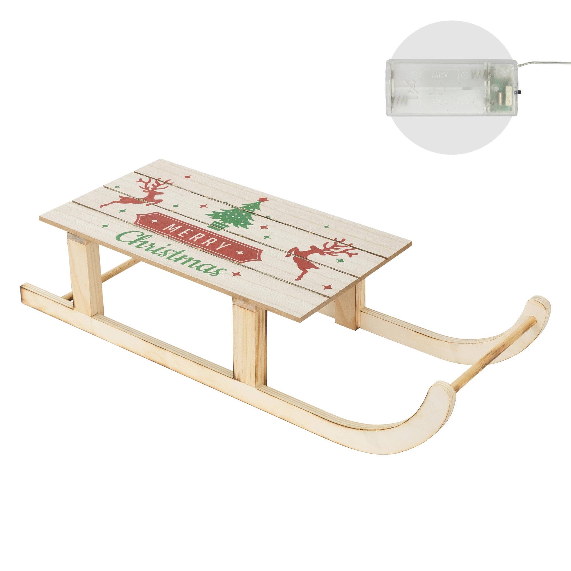 Ein Holzschlitten mit 'Merry Christmas'-Text und Rentieren/Baum. Lichter und Batteriepack sind ebenfalls sichtbar.
