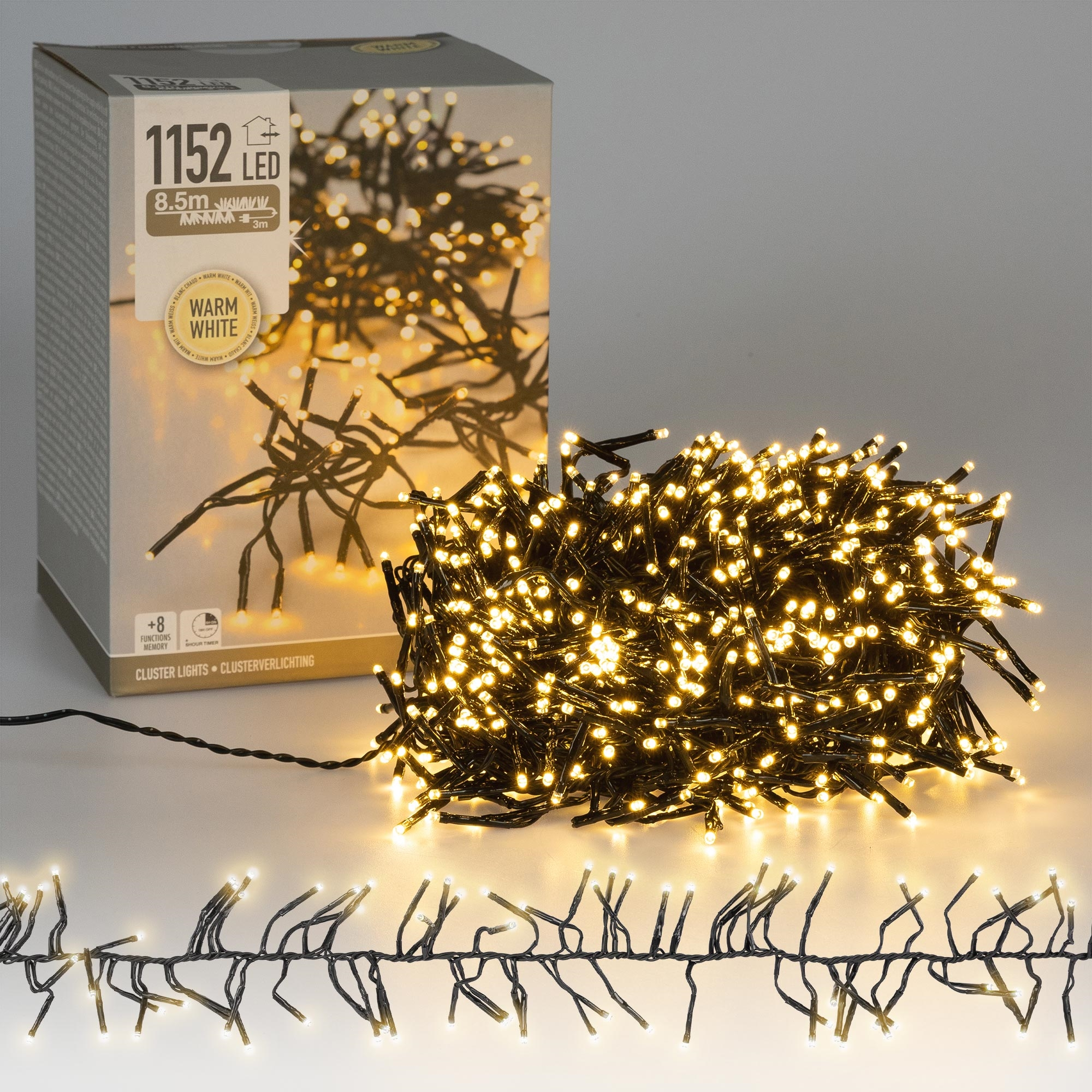 Eine Schachtel mit warmweißen LED-Clusterlichtern, daneben die Lichter. Box zeigt Spezifikationen.