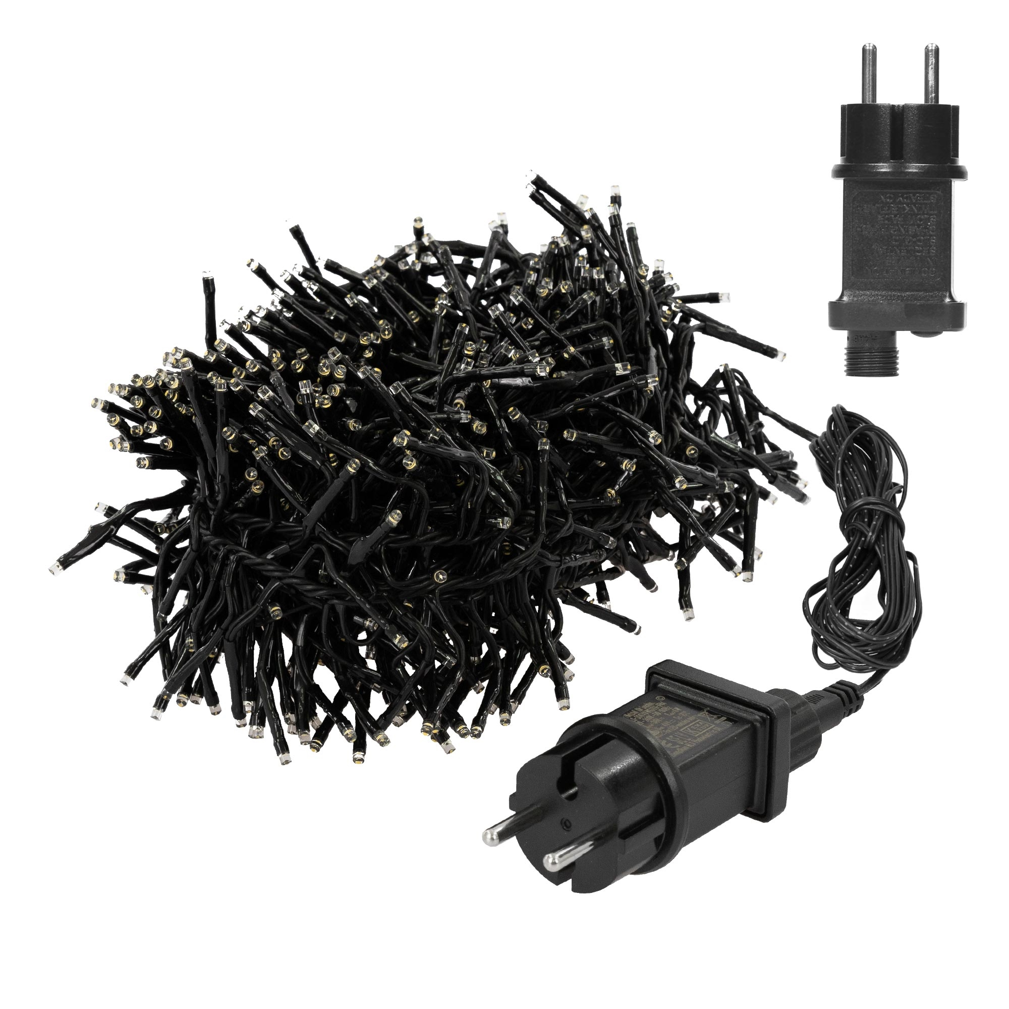 Lichterkette mit schwarzen Drähten und kleinen, klaren Glühbirnen. Ein Netzkabel und Stecker sind ebenfalls sichtbar.