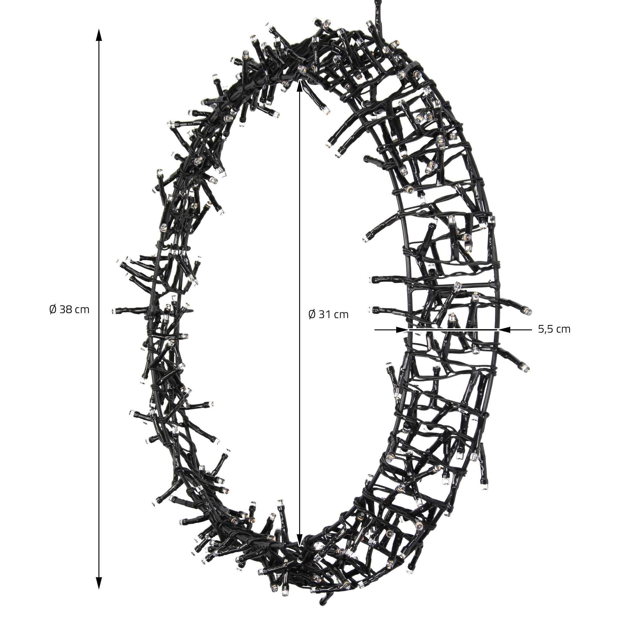 Ein kreisförmiger Lichtervorhang mit schwarzen Lichtern und klaren Birnen. Der Durchmesser beträgt 31 cm, die Gesamthöhe 38 cm.