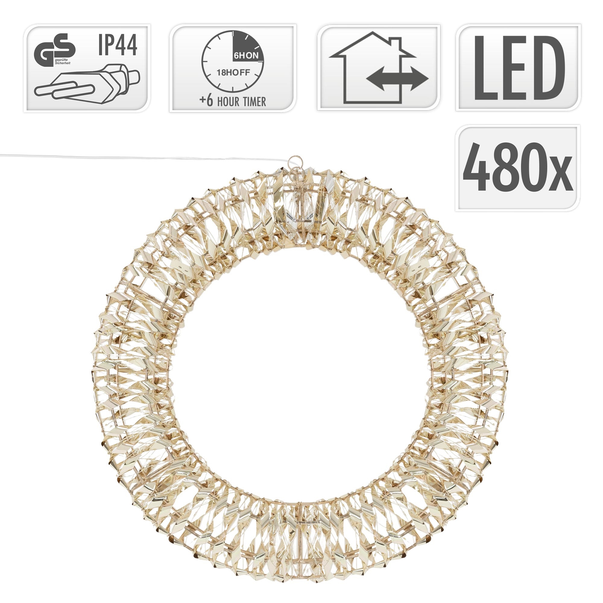 Dekorativer LED-Ringlicht mit glitzernden Kristallen. Enthält Symbole und den Text 'LED 480x'.