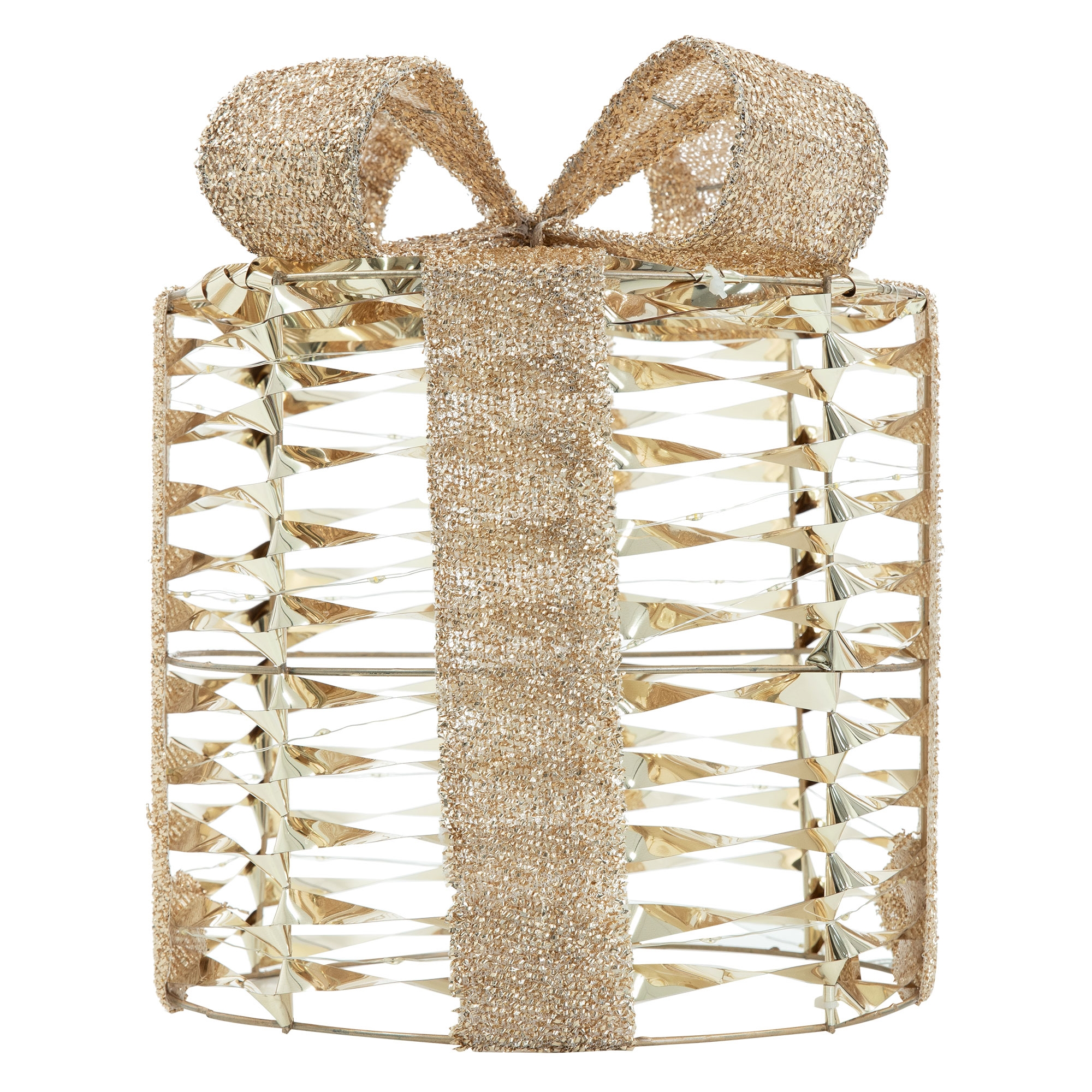 Eine goldene Geschenkbox mit Schleife. Die Box besteht aus reflektierendem Goldmaterial, die Schleife hat Glitzer.
