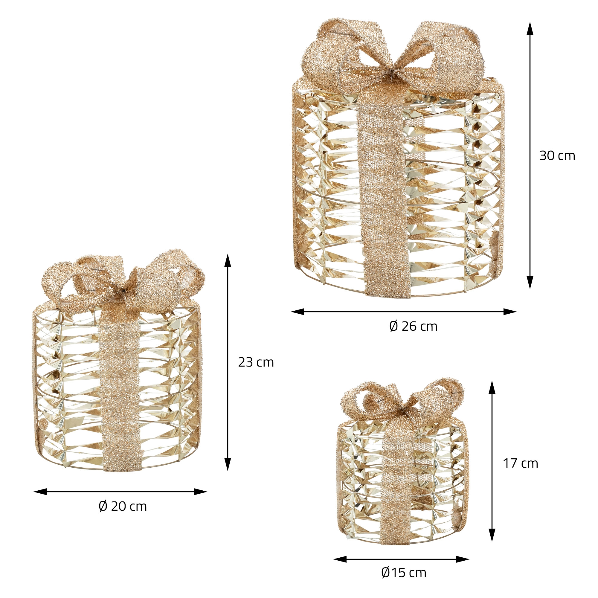 Drei goldene Geschenkbox-Dekorationen mit Schleifen. Größen sind 30 cm, 23 cm und 17 cm hoch. Der Hintergrund ist weiß.