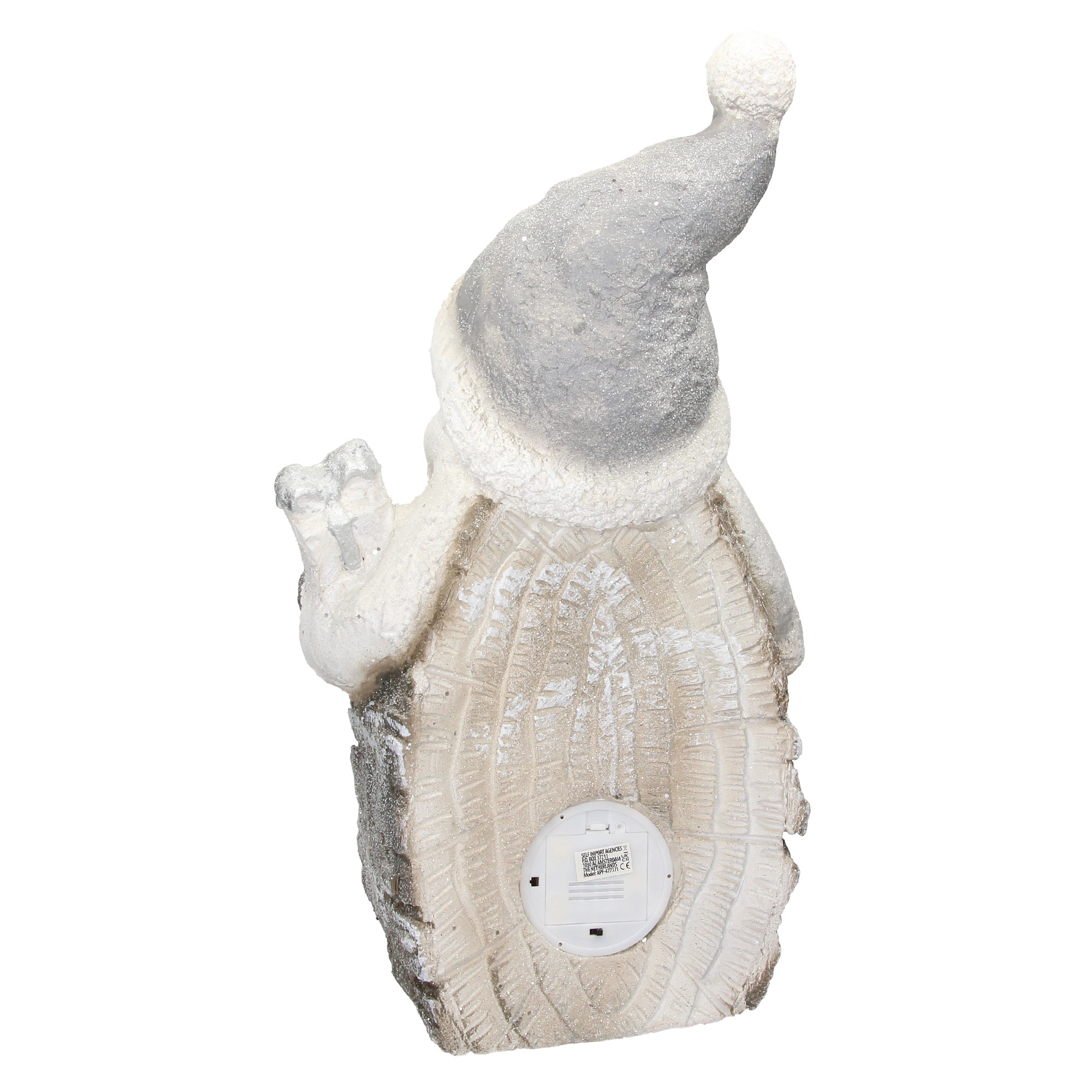 Eine Weihnachtsmannfigur, Rückansicht, mit grauem Hut und weißem Bart. Die Rückseite ist wie Holz strukturiert.