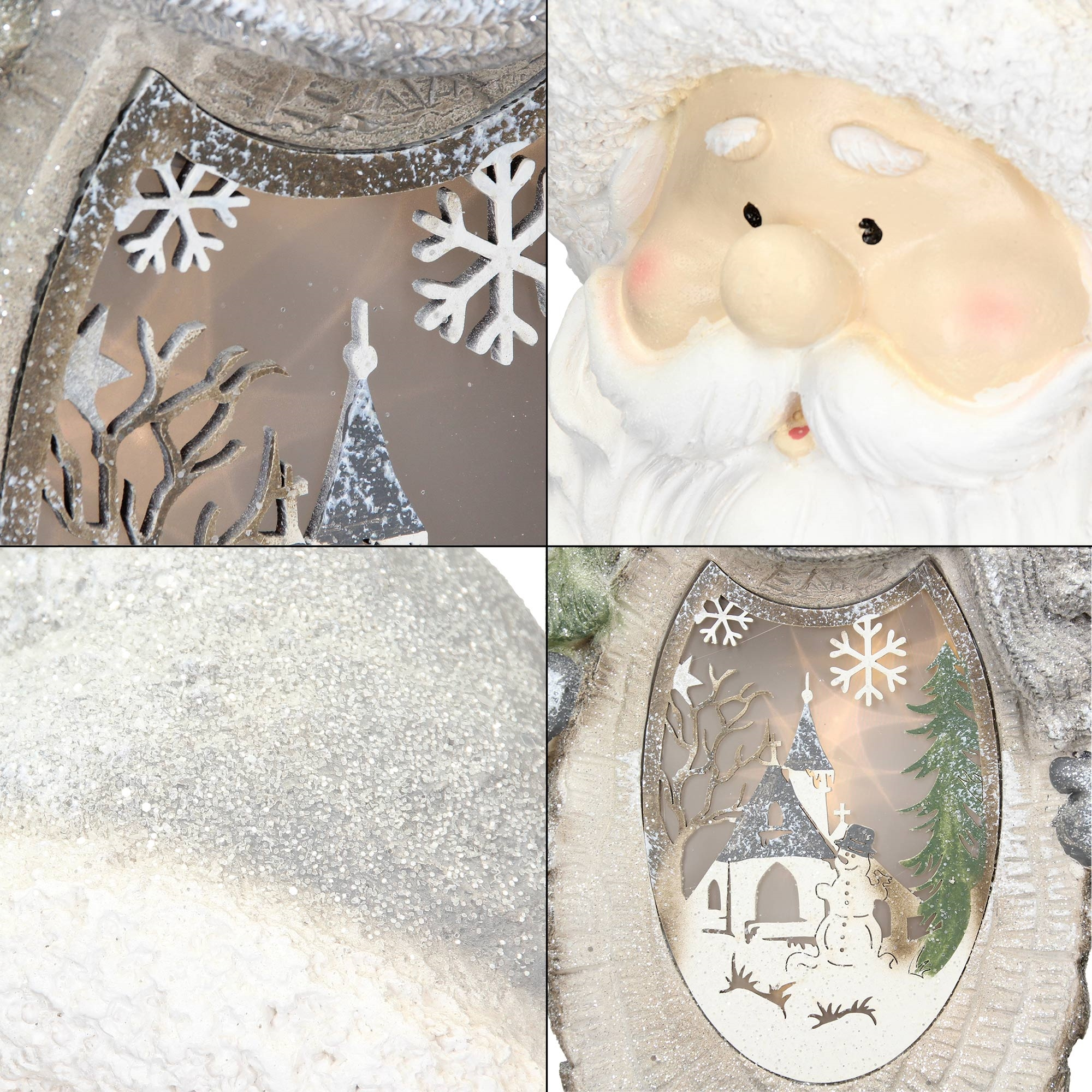 Ein dekoratives Weihnachtsschmuck. Es zeigt ein Gesicht des Weihnachtsmanns und eine Winterszene mit Schneeflocken, einer Kirche und einem Schneemann.
