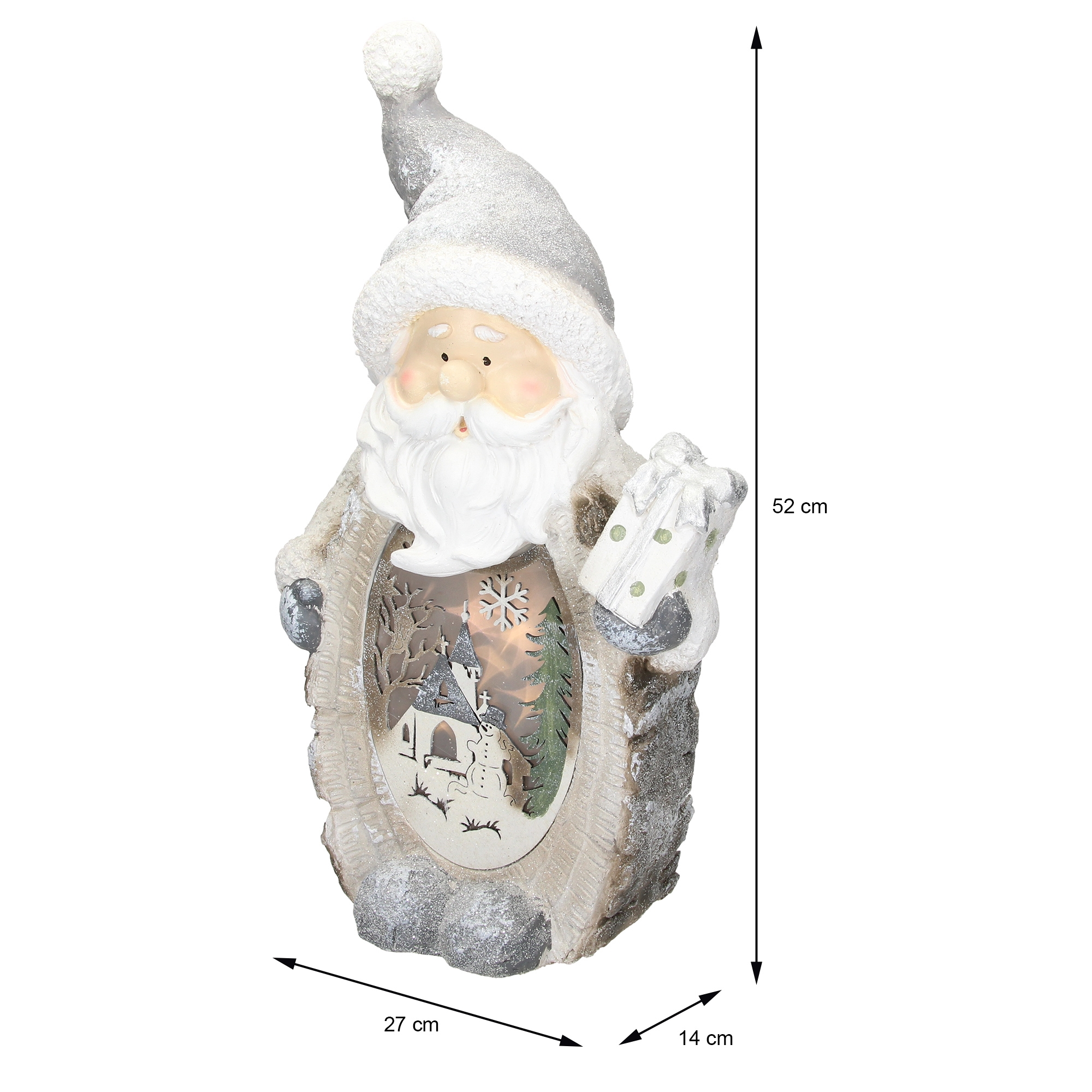 Weihnachtsmann-Figur mit eingebauter Winterszene, die ein Geschenk hält. Sie ist weiß, grau und braun, mit angegebenen Abmessungen.