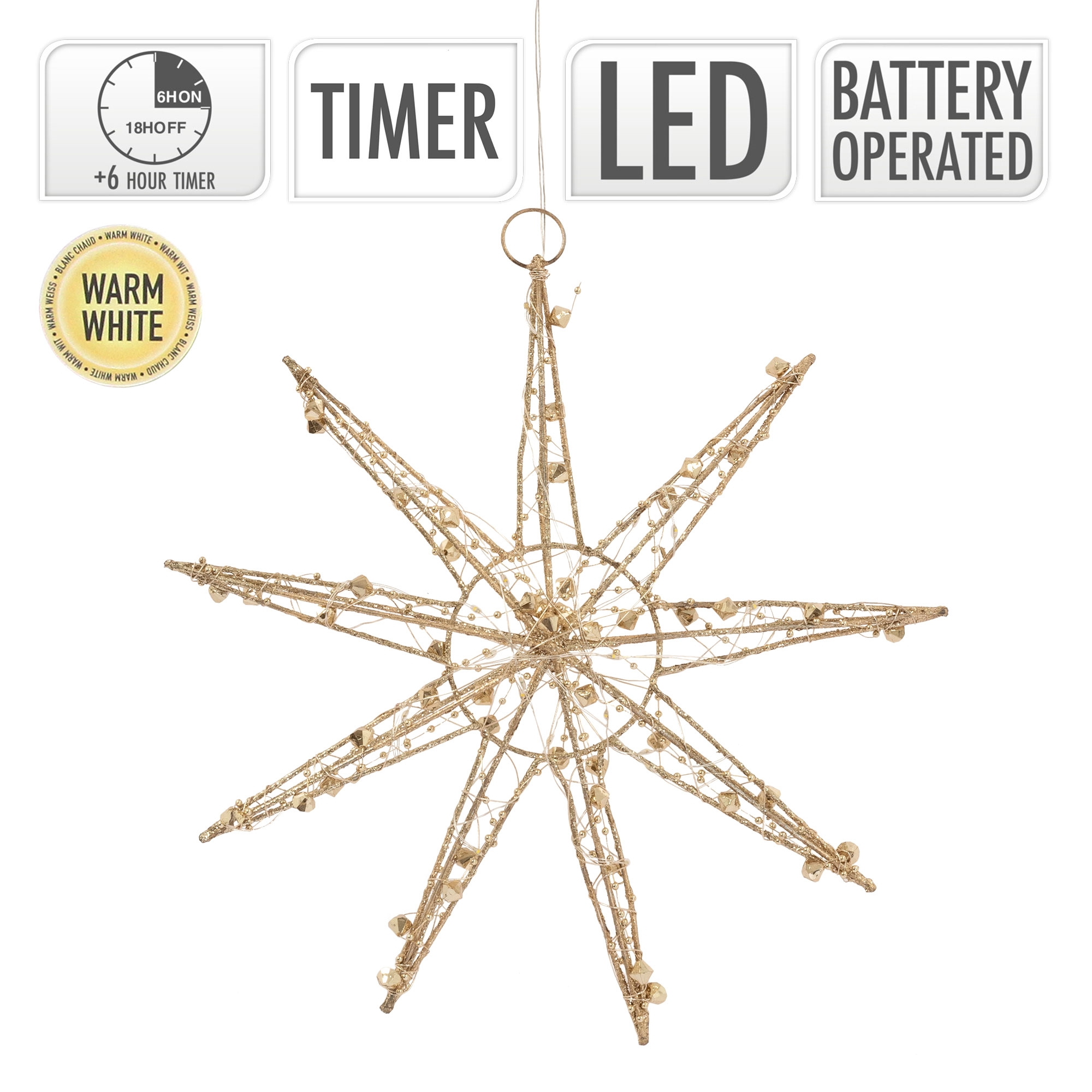 Goldfarbene sternförmige LED-Lichtdekoration mit Text 'Warm White', plus Timer- und batteriebetriebene Etiketten.