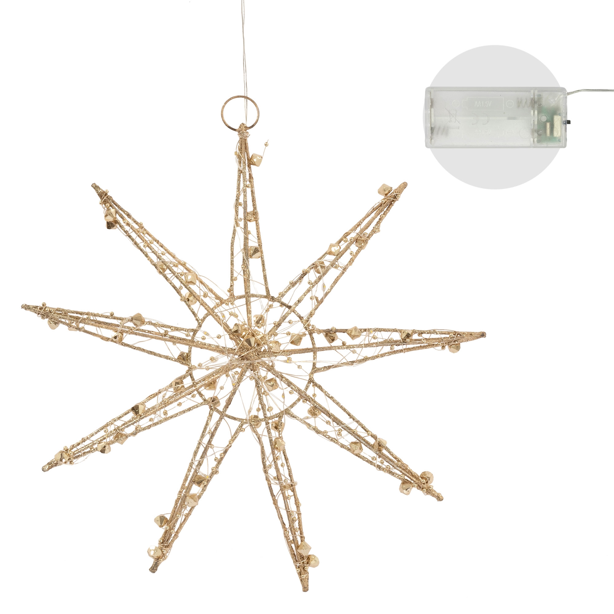 Goldener Sternschmuck mit Lichtern und kleinen Glocken. Er hängt an einer Schnur. Ein Batteriepack befindet sich oben rechts.