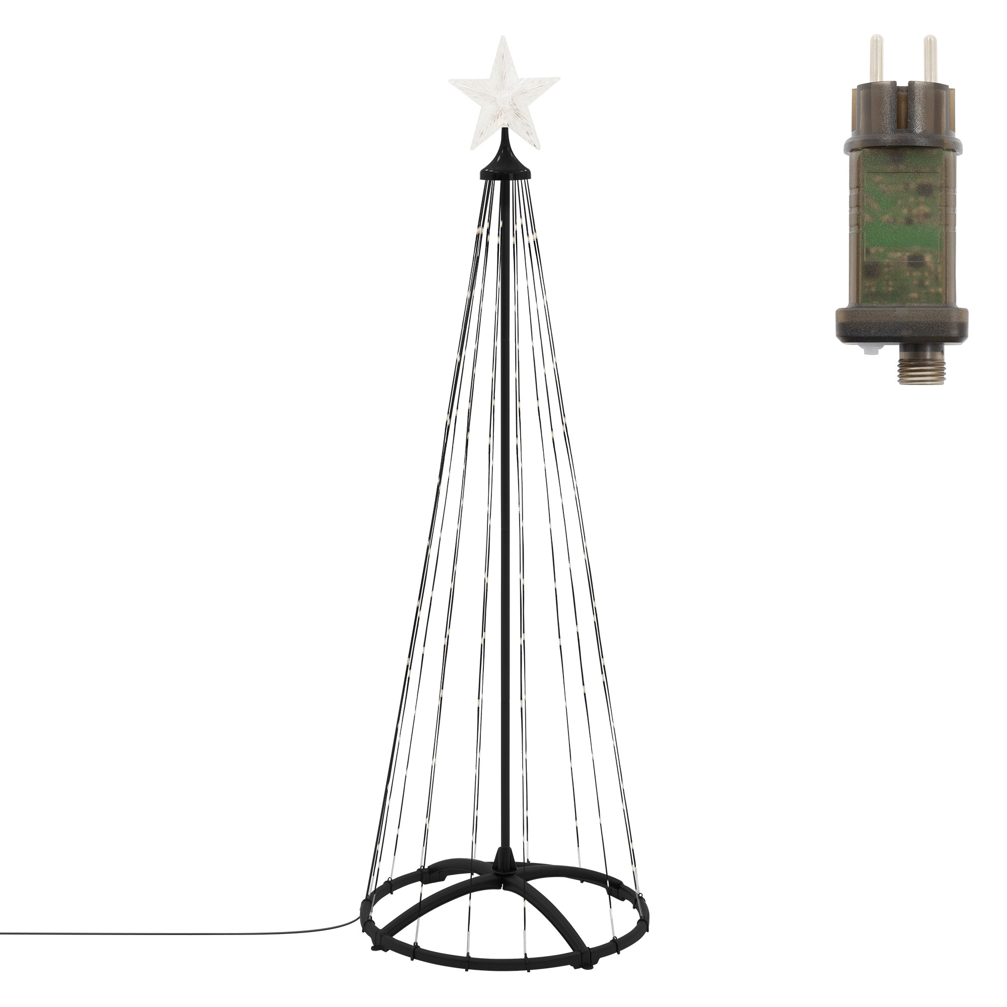 Ein dekorativer Weihnachtsbaum mit Sternaufsatz. Er hat Lichter und einen schwarzen Sockel, ein Netzstecker ist rechts.