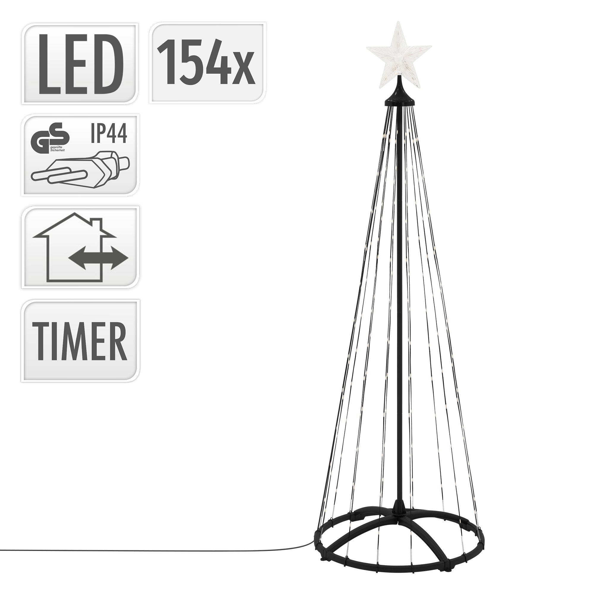 Ein schwarzer Kegel-Weihnachtsbaum mit Stern oben, vielen Lichtern und einigen Symbolen links.