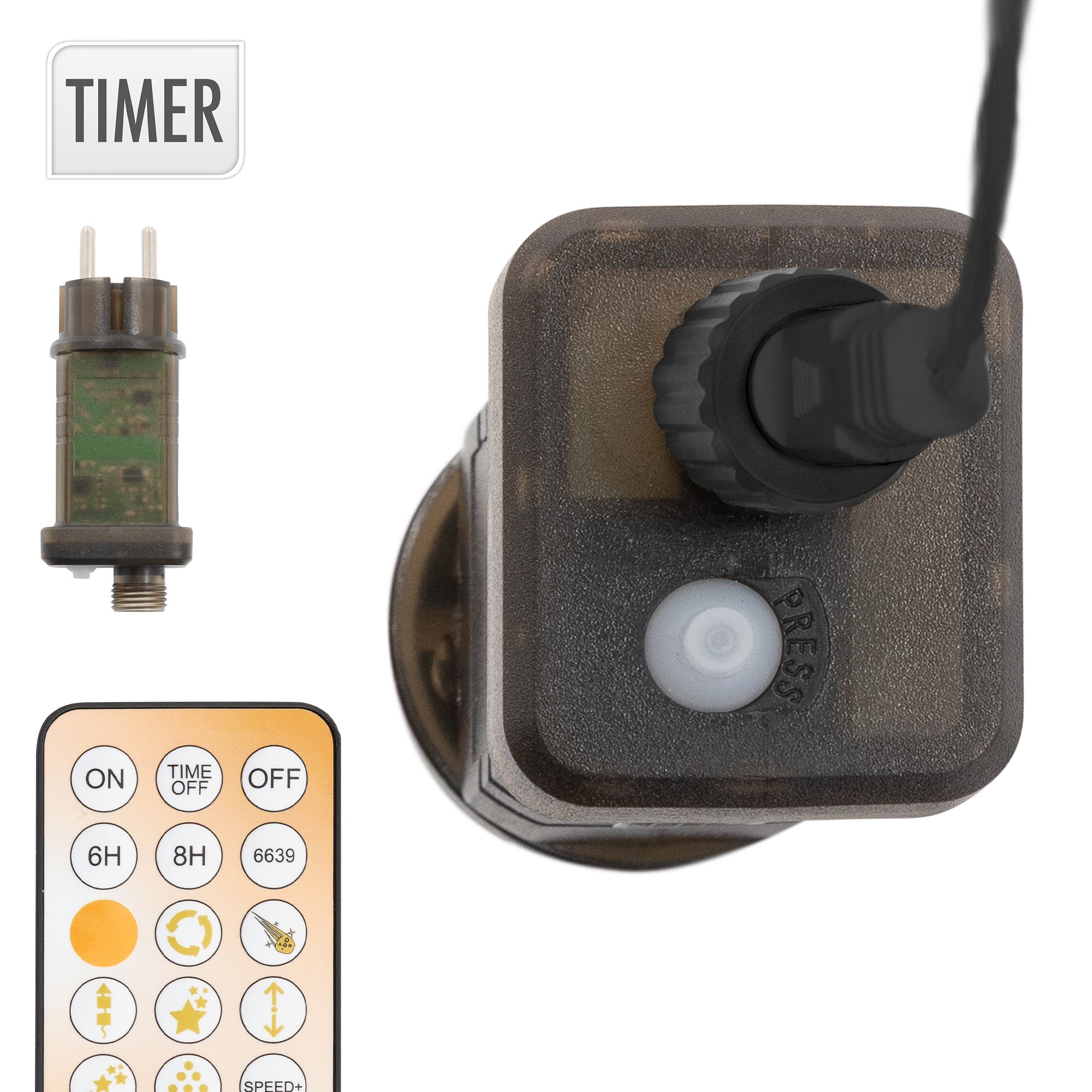 Ein Timer und eine Fernbedienung mit verschiedenen Tasten sowie ein schwarzer Netzadapter.