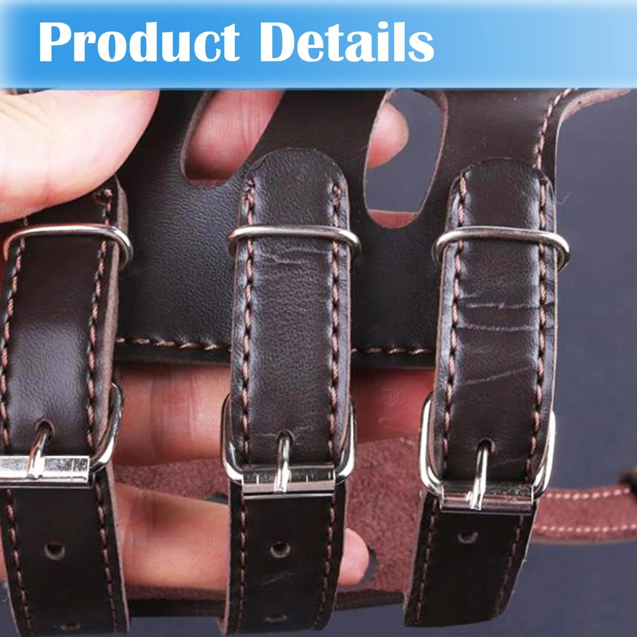 Nahaufnahme eines braunen Lederarmbands mit drei Riemen und silbernen Schnallen. Eine Hand hält das Armband.