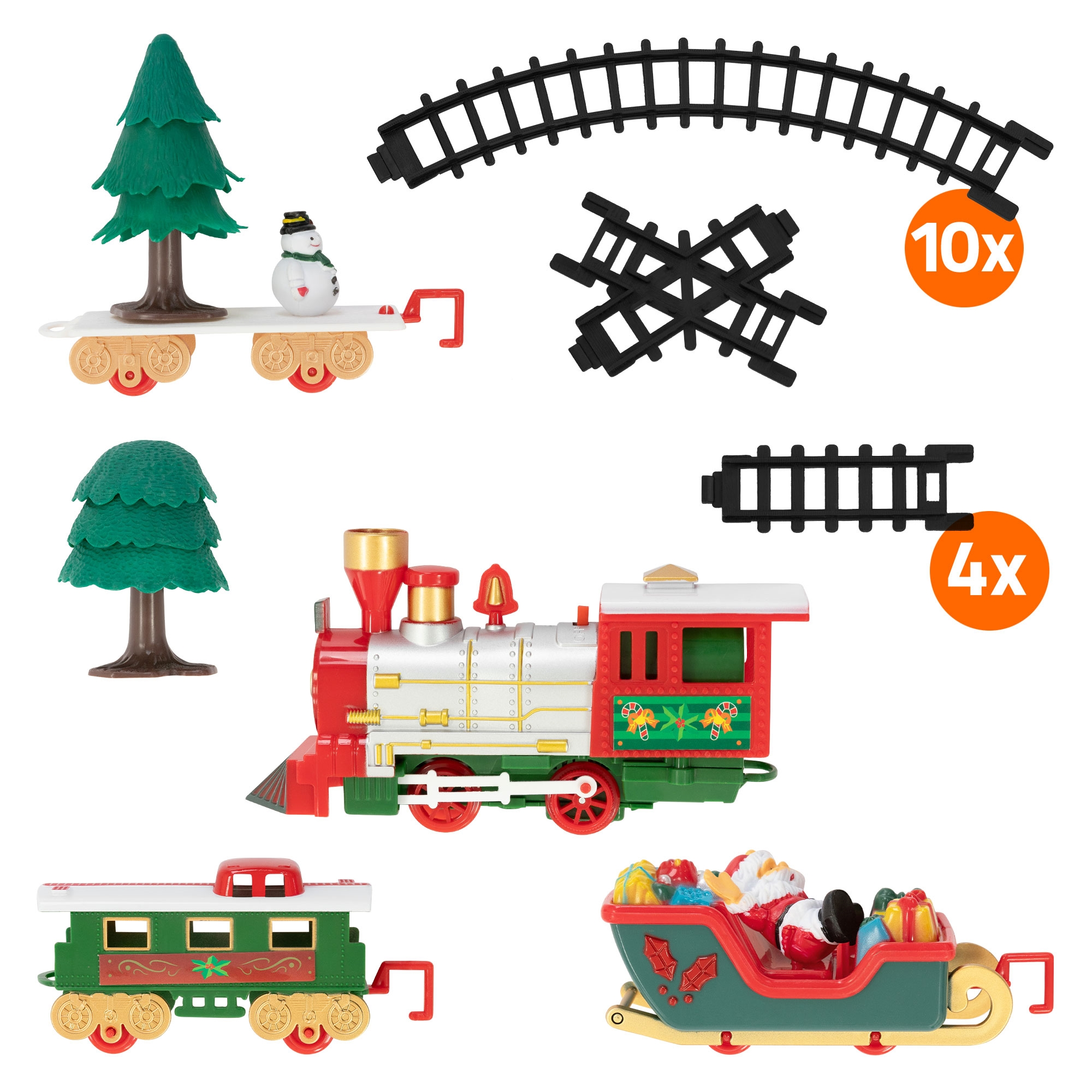 Weihnachtszug-Set mit Zug, Waggons, Gleisen, Bäumen, Schneemann und Santa's Schlitten. Der Zug ist rot und grün.
