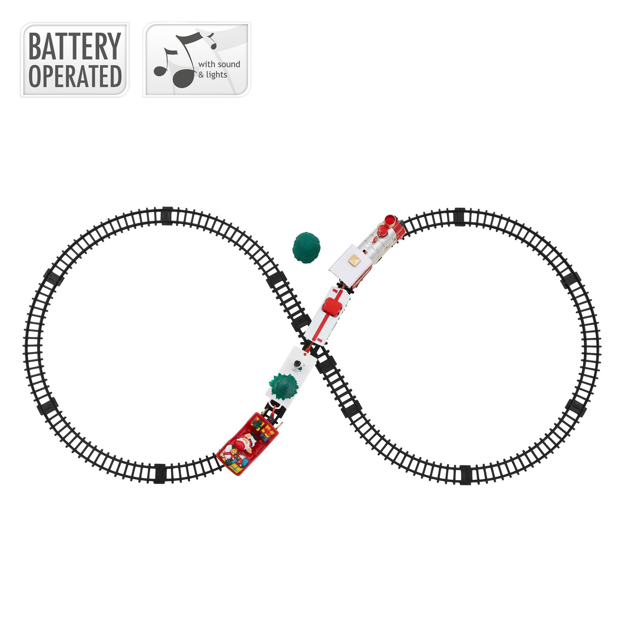 Ein Spielzeug-Zug-Set mit Gleisen in Unendlichkeitsform. Die Zugwagen sind rot und weiß. Inklusive Ton und Licht.
