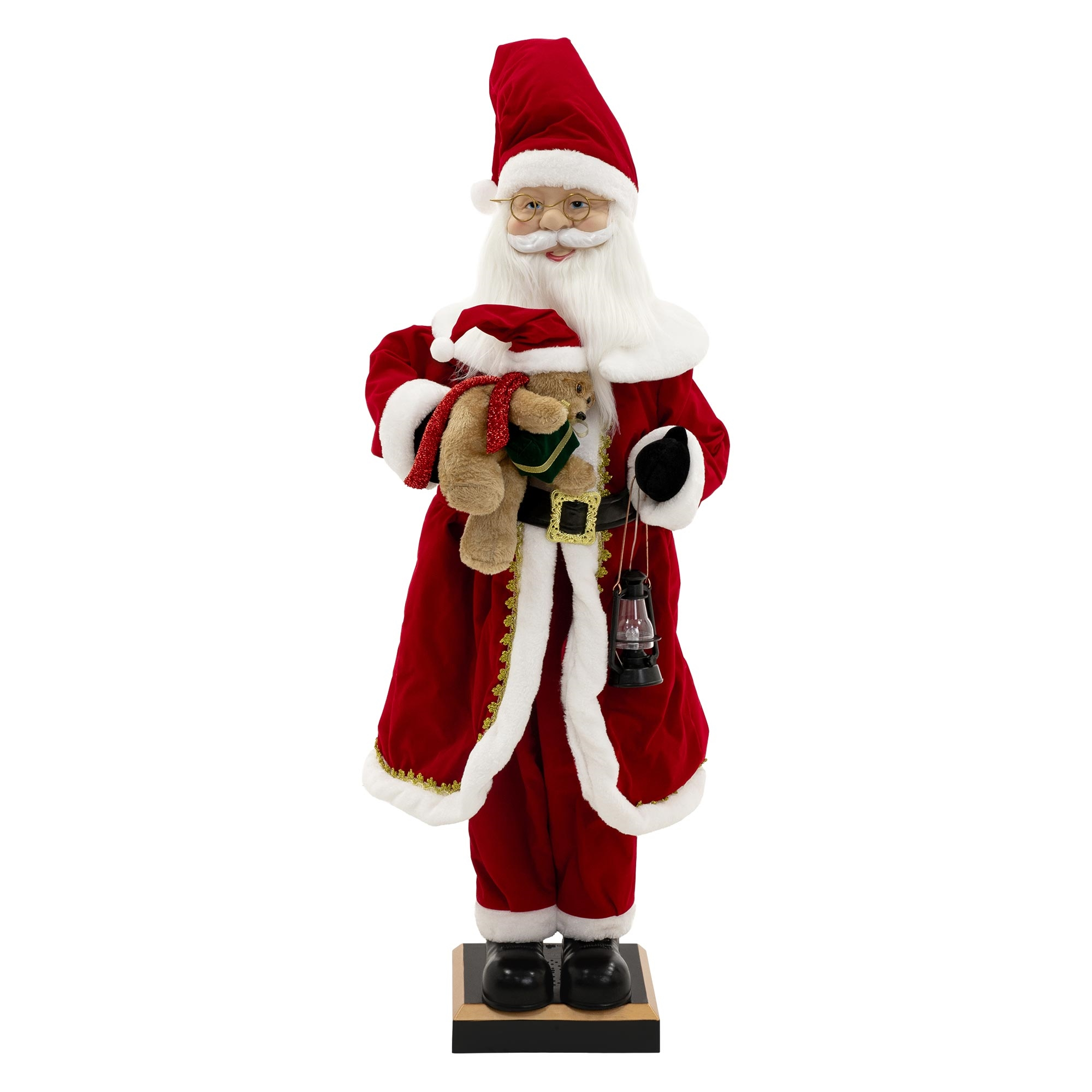 Weihnachtsmannfigur, roter Anzug mit weißem Besatz, hält einen Teddybär und eine Laterne. Steht auf einem Holzsockel.