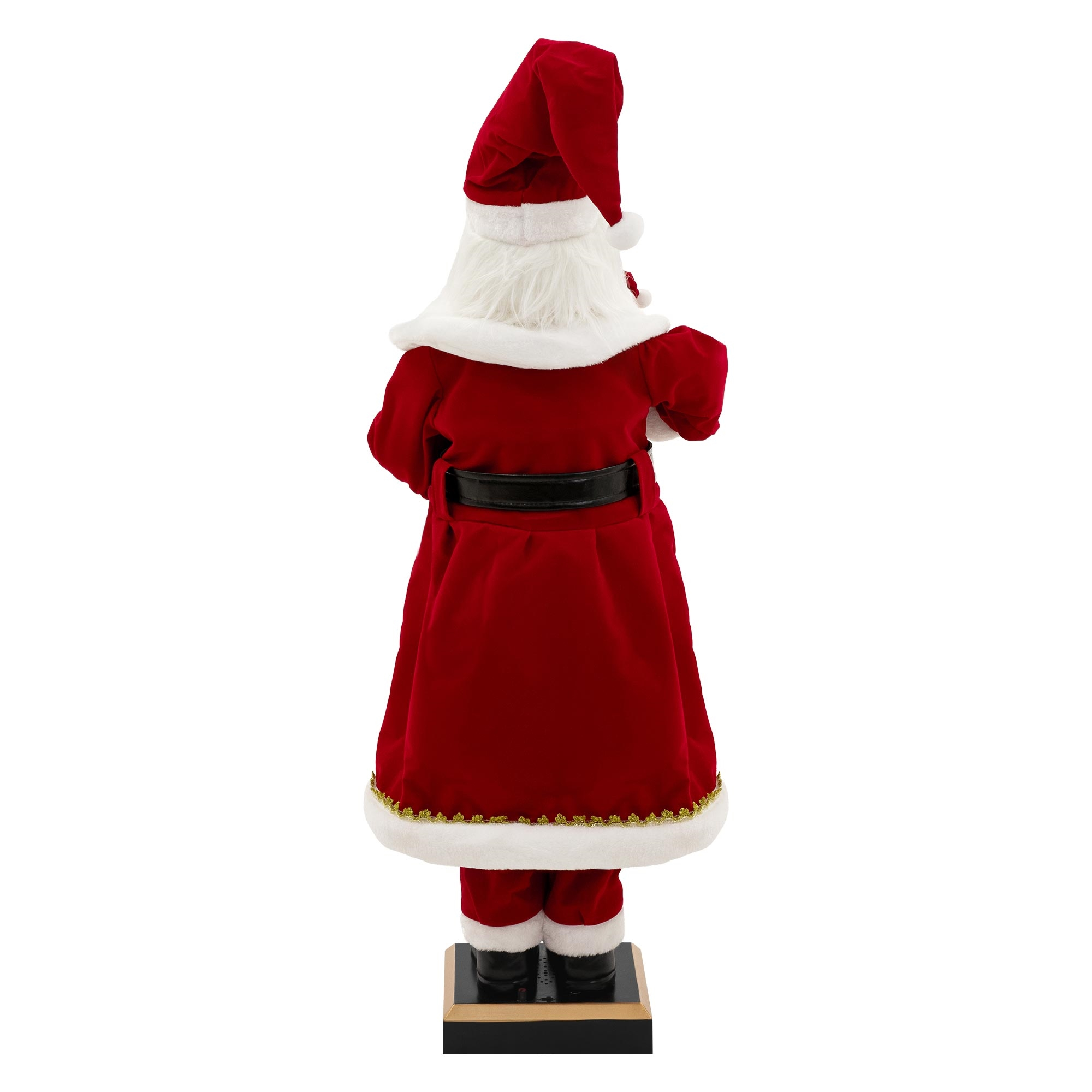 Rückansicht einer Weihnachtsmannfigur. Er trägt einen roten Anzug, Hut und schwarzen Gürtel. Sein weißer Bart ist sichtbar.