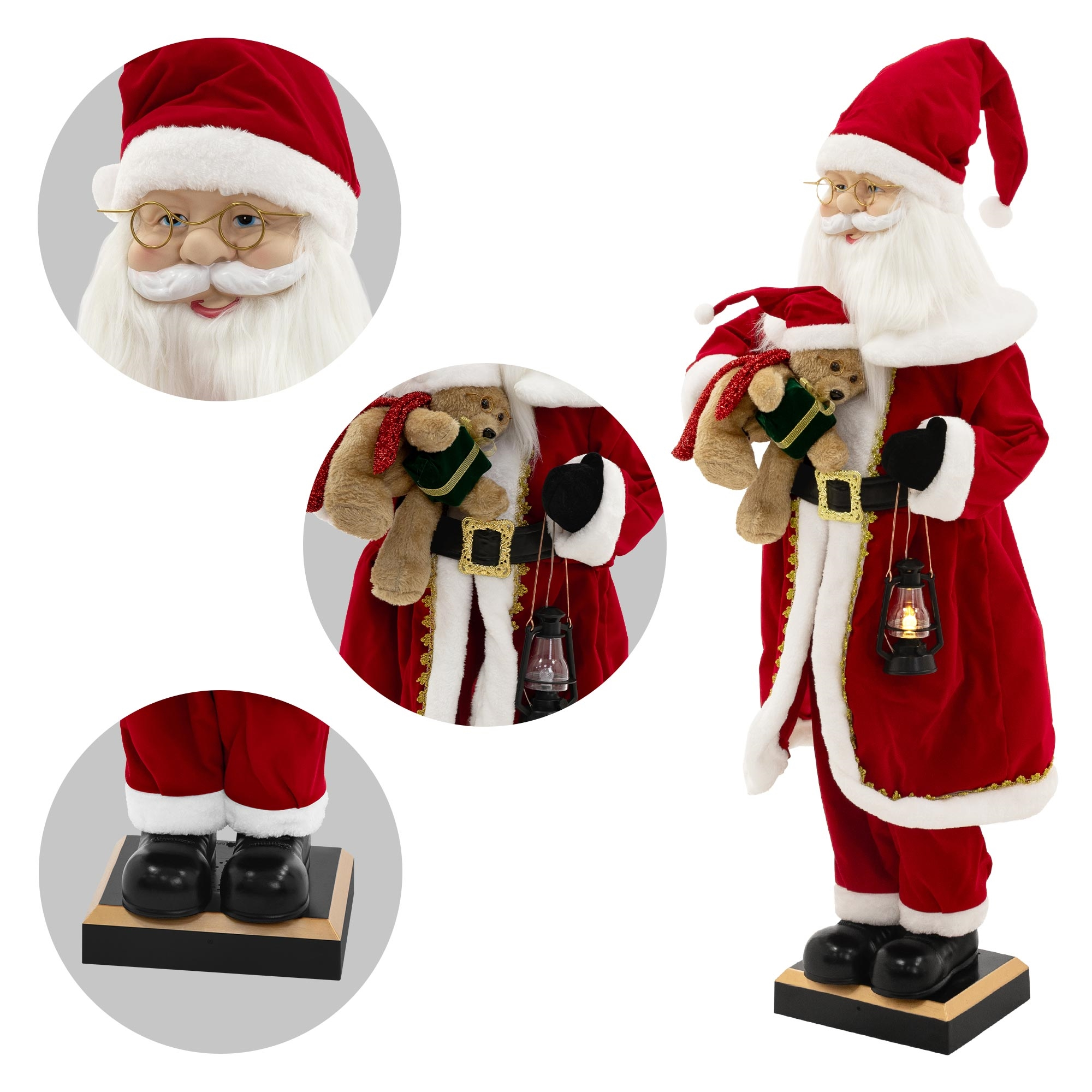 Weihnachtsmann-Statue. Er trägt einen roten Anzug, Hut und hält einen Bären. Er hat eine Brille, einen weißen Bart und eine Laterne.