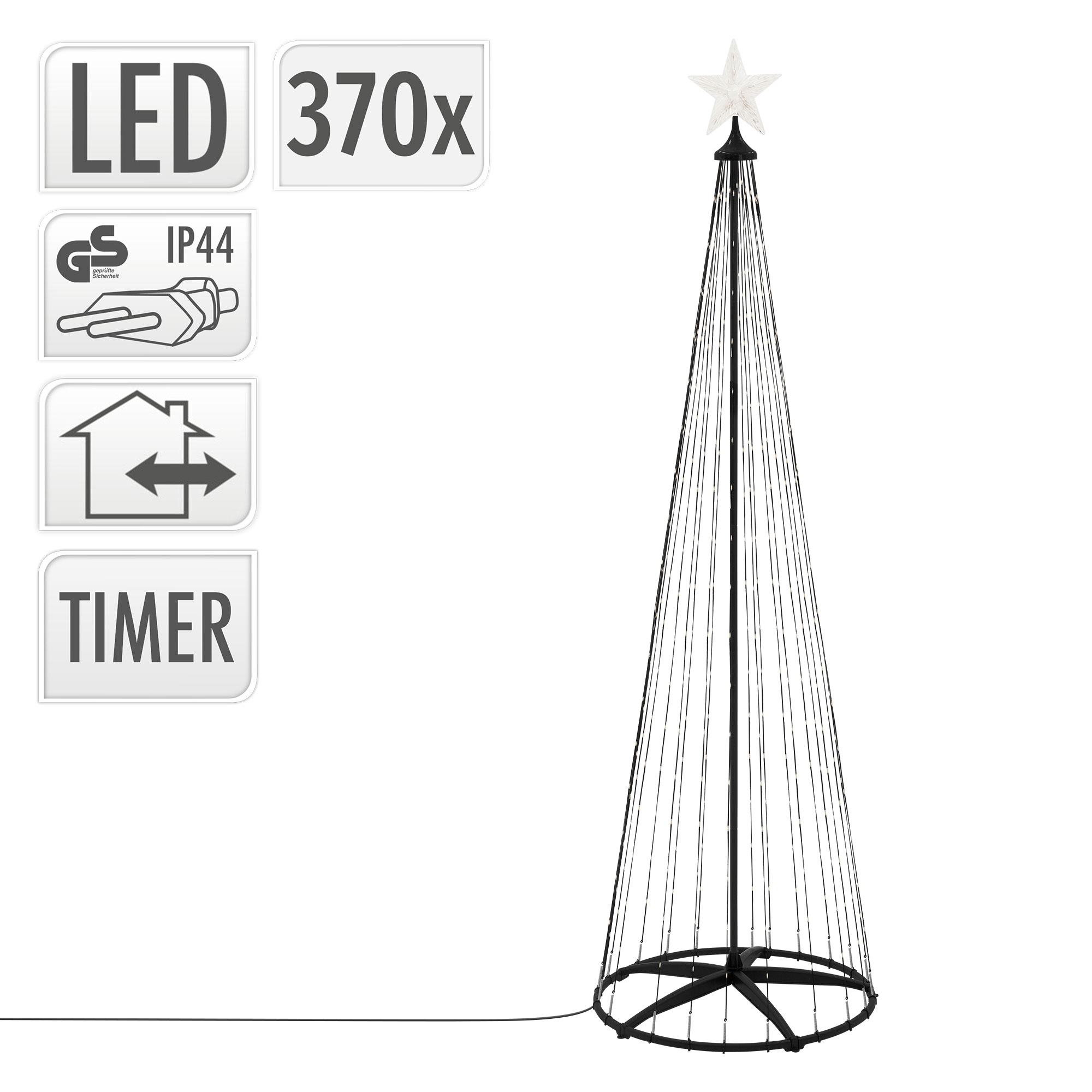 Ein schwarzer Kegel-Weihnachtsbaum mit Stern. Er hat 370 LED-Leuchten. Weißer Hintergrund. Informationstafeln links.