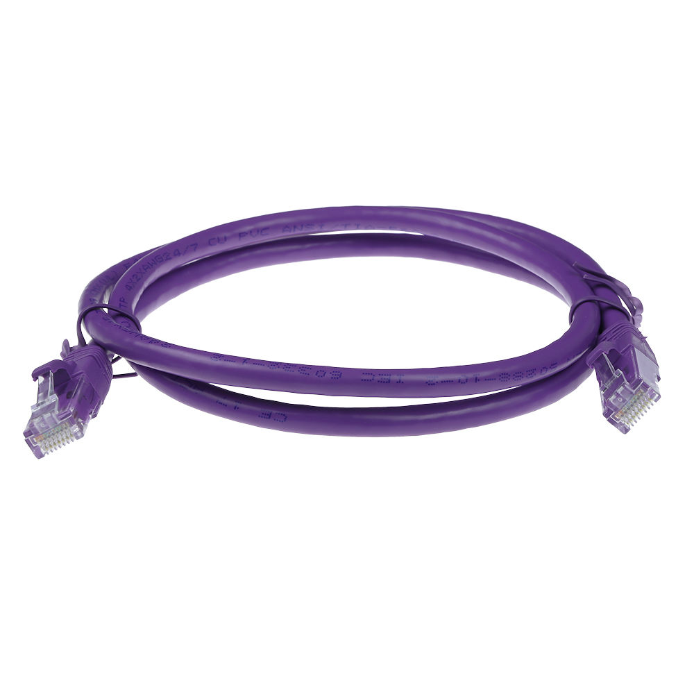 Un câble Ethernet violet est enroulé sur fond blanc. Chaque extrémité possède un connecteur transparent.
