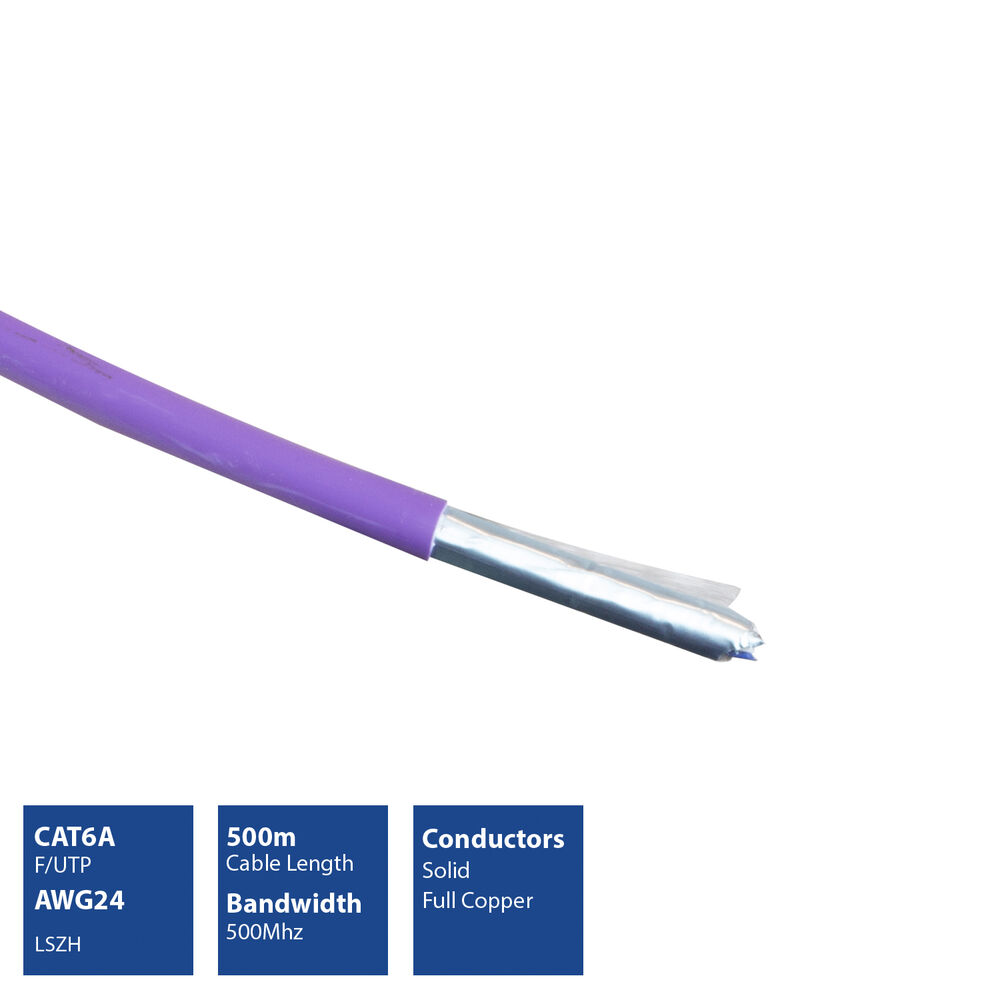 Un cavo di rete viola, tagliato per rivelare i fili interni. Caselle di testo descrivono le specifiche del cavo, tra cui CAT6A e AWG24.
