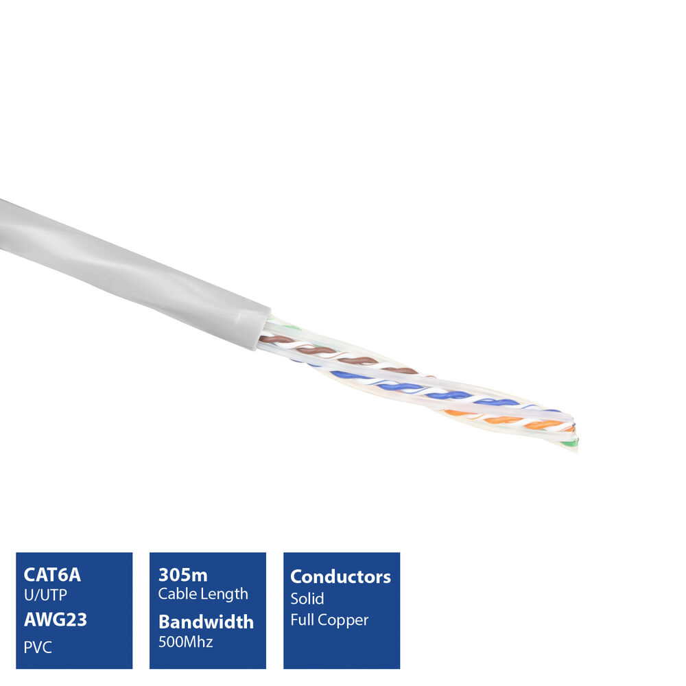 Un cavo di rete bianco con fili colorati esposti. Caselle di testo indicano i dettagli: CAT6A, lunghezza 305 m, conduttori solidi e rame pieno.