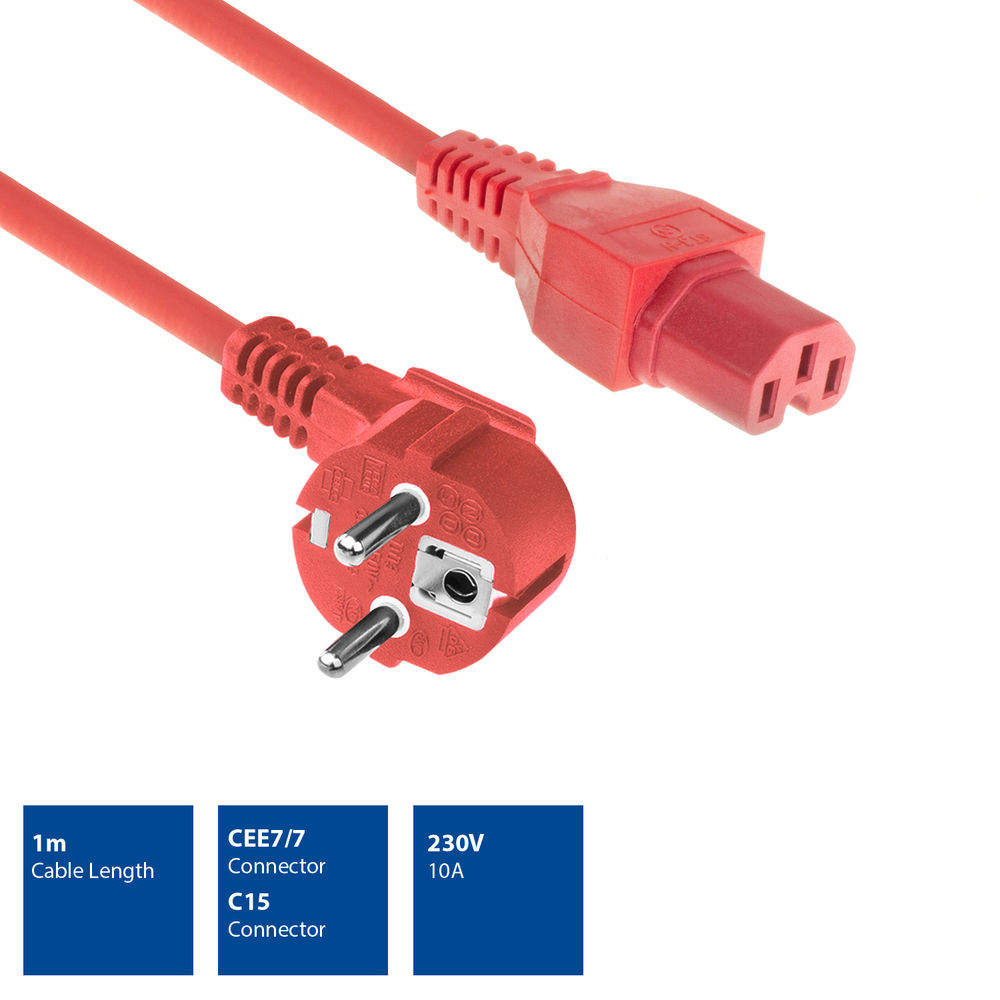 Rotes Netzkabel mit CEE7/7-Stecker und C15-Buchse. Kabellänge 1 m. Spannung: 230 V, Strom: 10 A.
