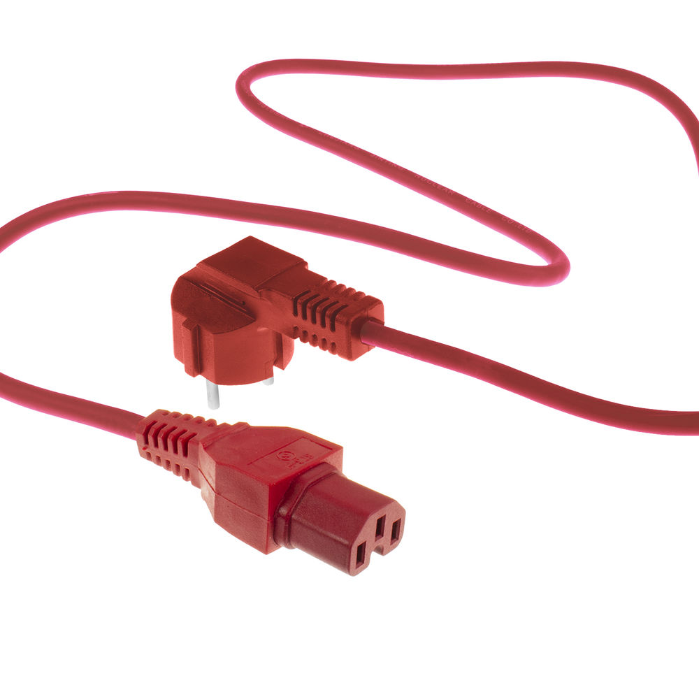 Ein rotes Stromkabel mit Stecker und Buchse. Das Kabel ist gebogen. Der Hintergrund ist weiß.