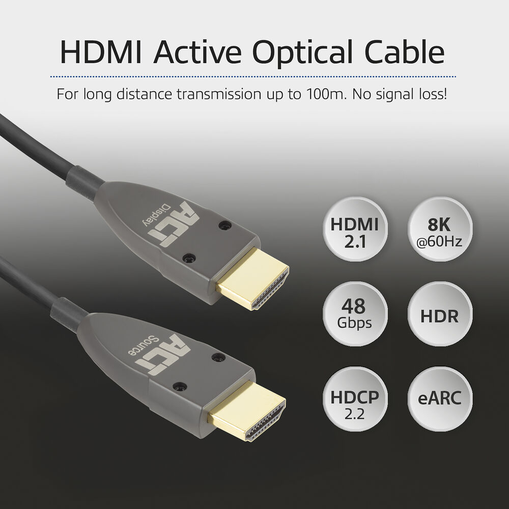 Afbeelding toont twee HDMI-kabels met connectoren. Tekst omvat 'HDMI Active Optical Cable', specificaties en functies zoals 8K, HDR en eARC.