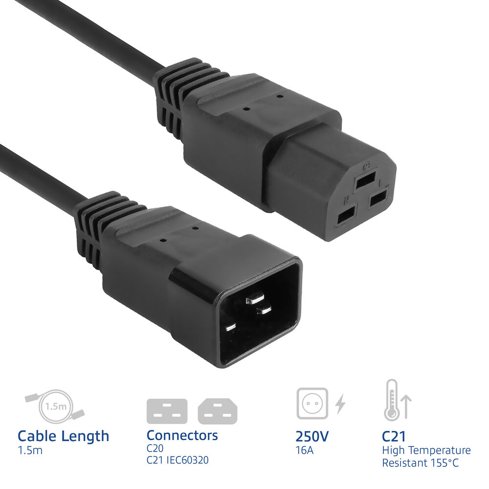 Schwarzes Netzkabel mit C20- und C21-Anschlüssen. Symbole zeigen Kabellänge, Anschlüsse, Spannung und Temperaturbeständigkeit.