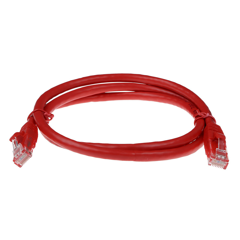 Un câble Ethernet rouge en boucle avec des connecteurs à chaque extrémité, sur fond blanc.