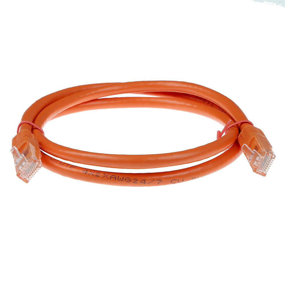 Ein orangefarbenes Ethernet-Kabel, das zu einer Schlaufe aufgerollt ist. An den Enden befinden sich zwei durchsichtige Stecker. Ein rotes Gummiband hält das Kabel.