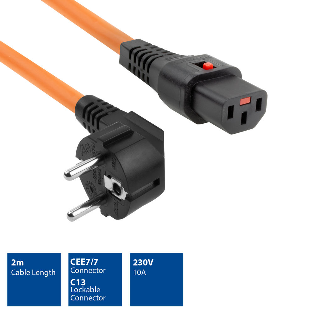 Oranges Stromkabel mit schwarzen Steckern. Ein Stecker und ein C13-Verriegelungsstecker sind sichtbar. Spezifikationen: 2m, CEE7/7, 230V, 10A.