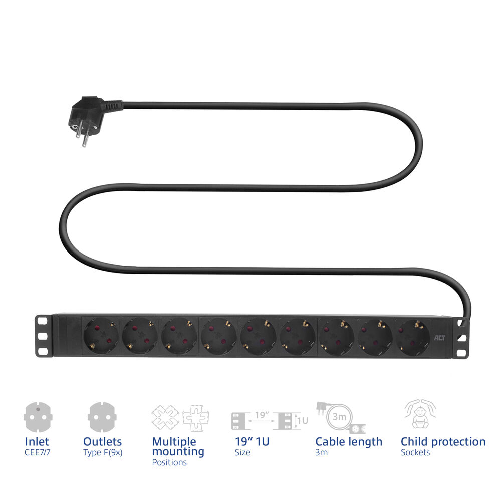 Una ciabatta nera con nove prese e un cavo nero. Include protezione per bambini ed è di dimensioni 19".