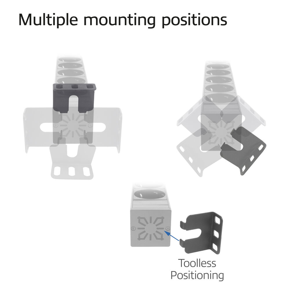 Image shows multiple mounting positions. It features a device and toolless positioning brackets, demonstrating different mounting options.