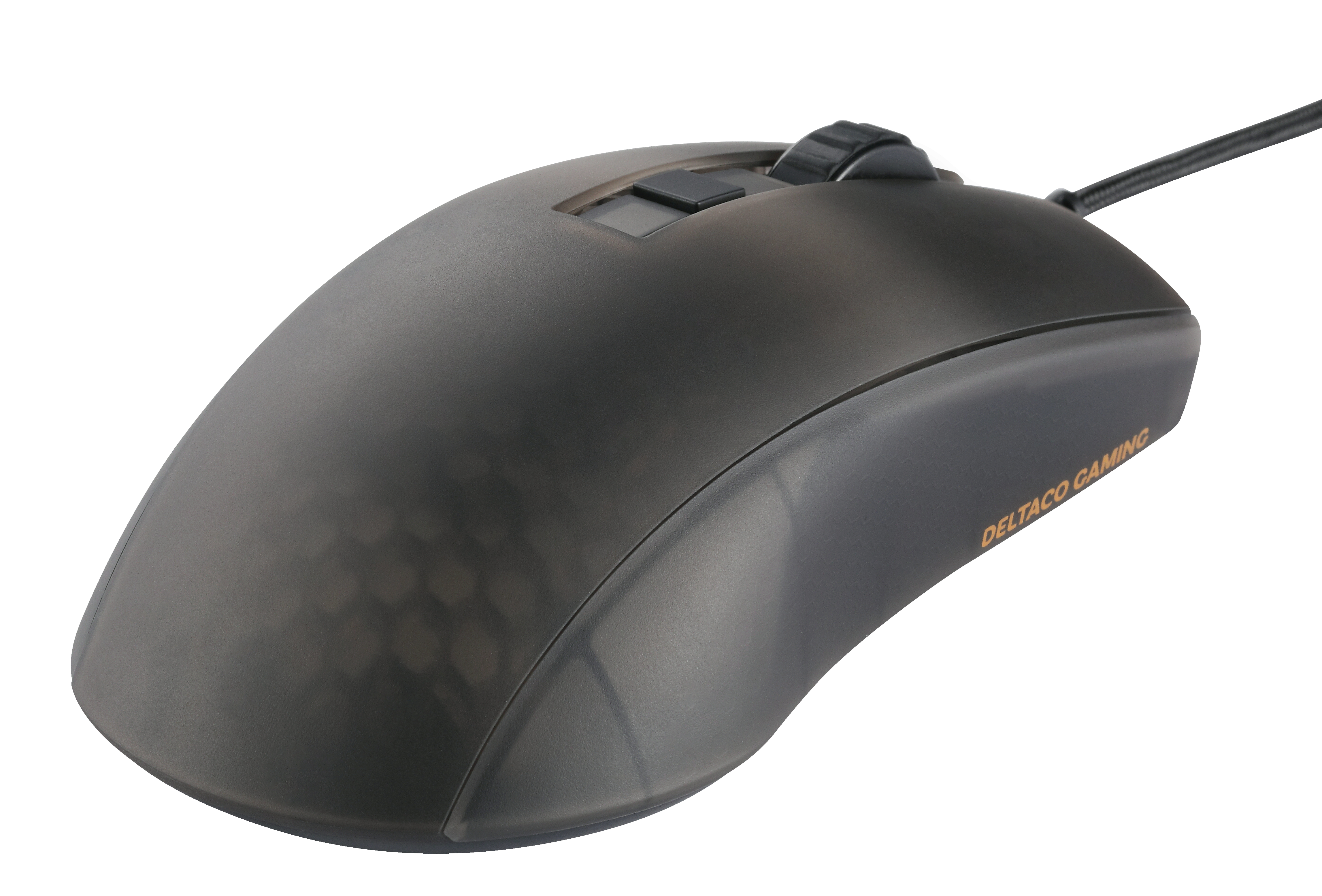 A dark gray computer mouse with black buttons and a scroll wheel, branded with DELTACO GAMING, and a black cable.