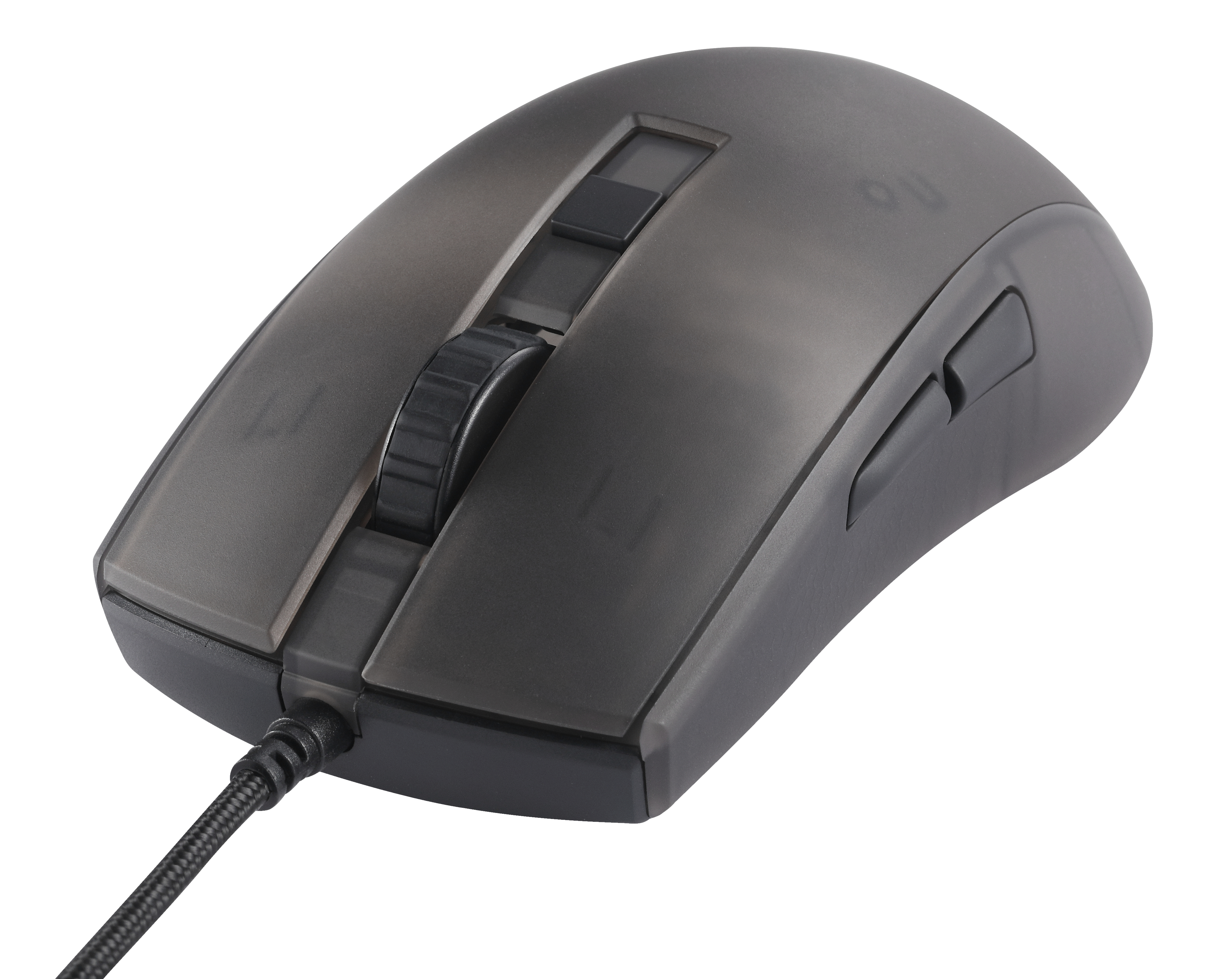 A gray gaming mouse with a scroll wheel, buttons, and a braided cable, isolated on white.