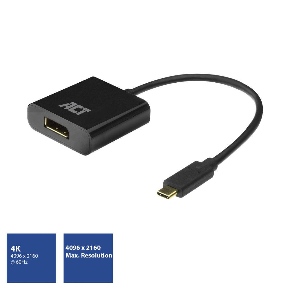 Schwarzer ACT HDMI-Adapter mit USB-C-Anschluss. Das Gerät ist über ein schwarzes Kabel verbunden.